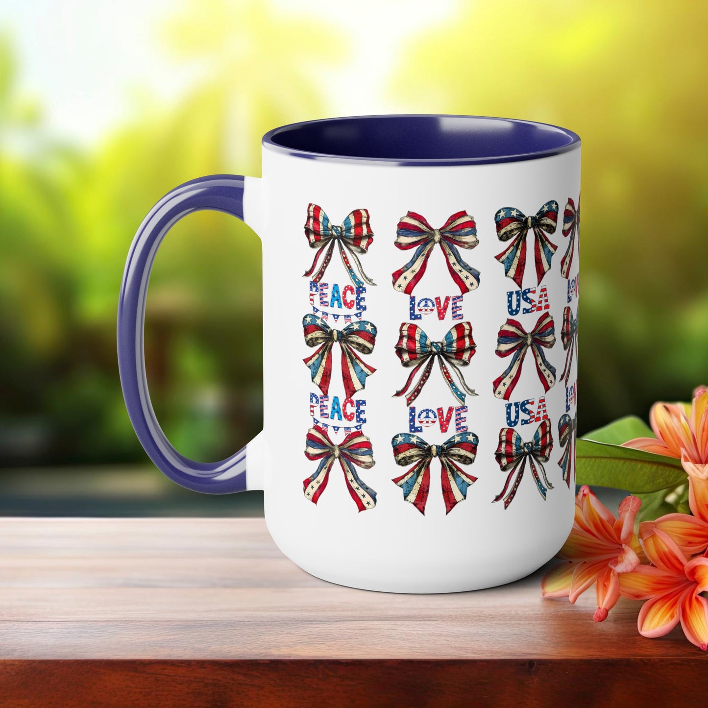 Happy 4th Of July Two -Tone Coffee Mug.15oz. Independence Day Coffee Mug. Love Peace USA.