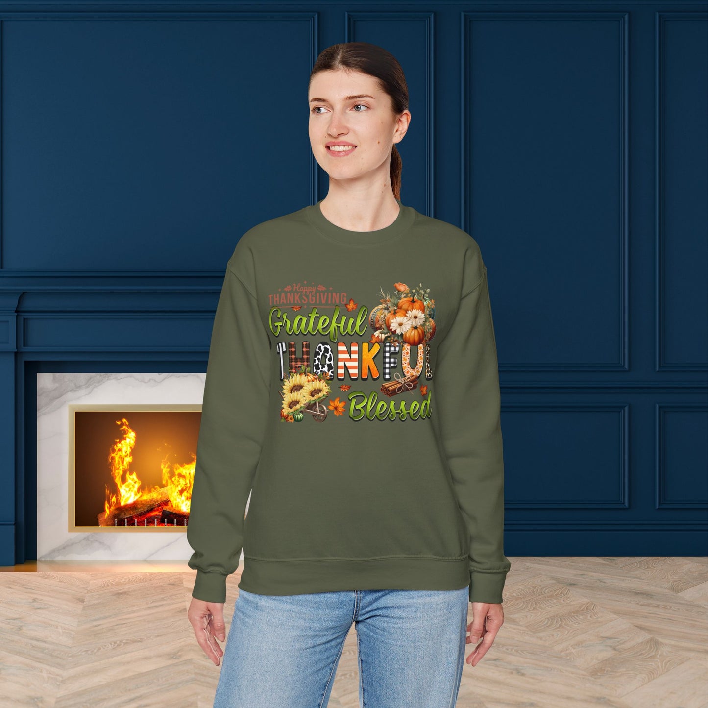 Thankful Grateful Blessed Sweatshirt,  HappyThanksgiving Sweatshirt - Unisex Heavy Blend, Happy Thanksgiving2024 Sweatshirt, Thanksgiving Gift, Festive Sweatshirt.