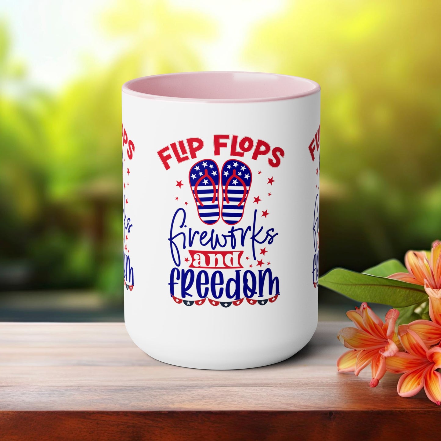 Happy 4th Of July Two -Tone Coffee Mug.15oz. Happy Independence Day Coffee Mug. America, Red White Blue, Flag,Peace Love America. Flipflop fireworks & Freedom.