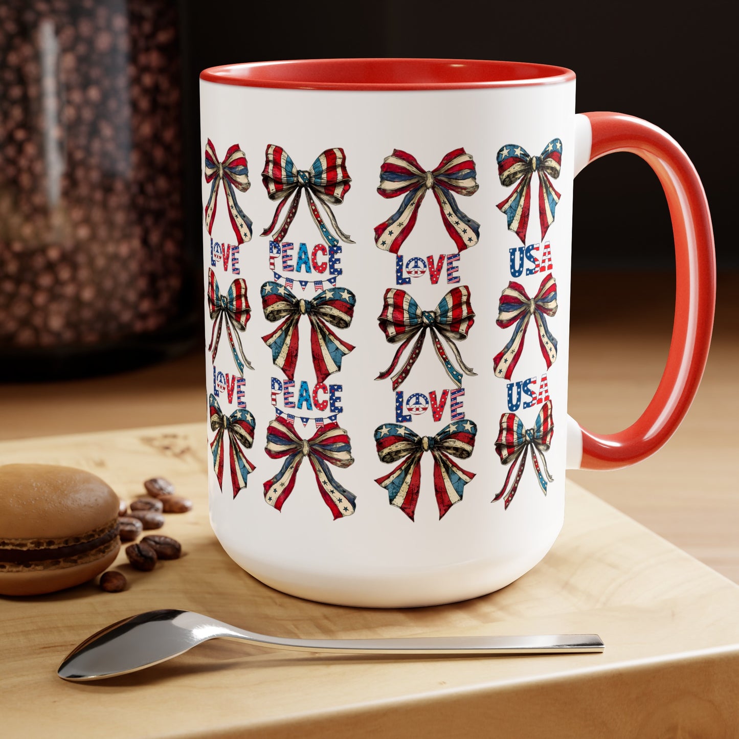 Happy 4th Of July Two -Tone Coffee Mug.15oz. Independence Day Coffee Mug. Love Peace USA.