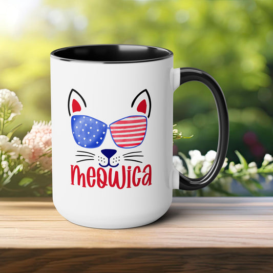 Happy 4th Of July Two -Tone Coffee Mug.15oz. Happy Independence Day Coffee Mug. America, Red White Blue, Flag,Peace Love America. Meowica coffee Mug.