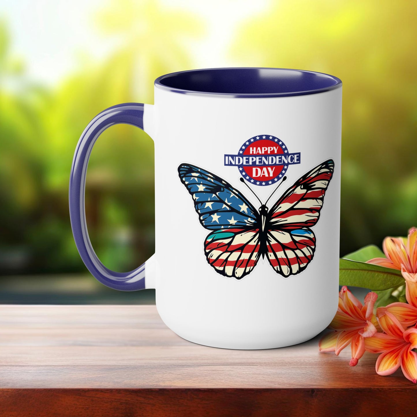 Happy 4th Of July Two -Tone Coffee Mug.15oz. Happy Independence Day Coffee Mug. Butterfly Coffee Mug, America, Red White Blue, Flag.