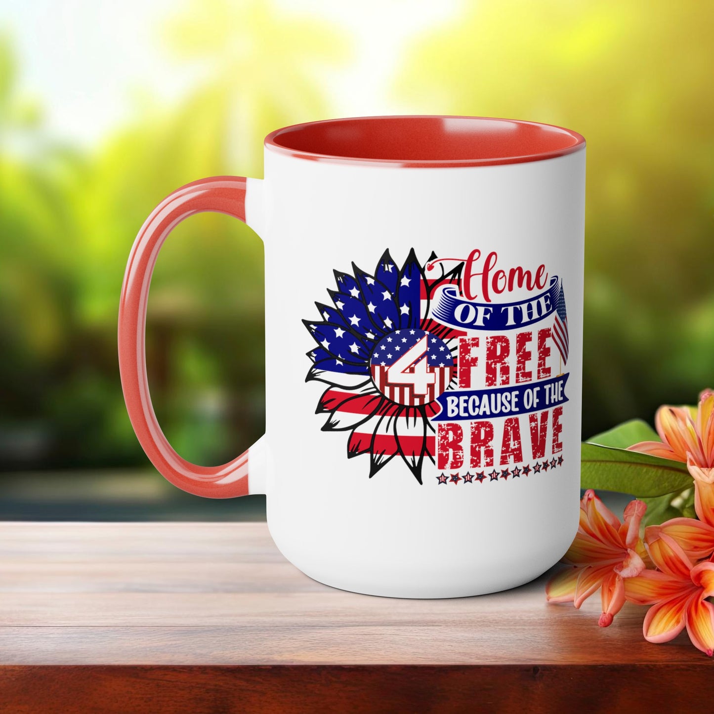 Happy 4th Of July Two -Tone Coffee Mug.15oz. God Bless America Coffee Mug.Flag, Red White Blue, Gift, America.Fourth Of July Sunflower Coffee Mug.