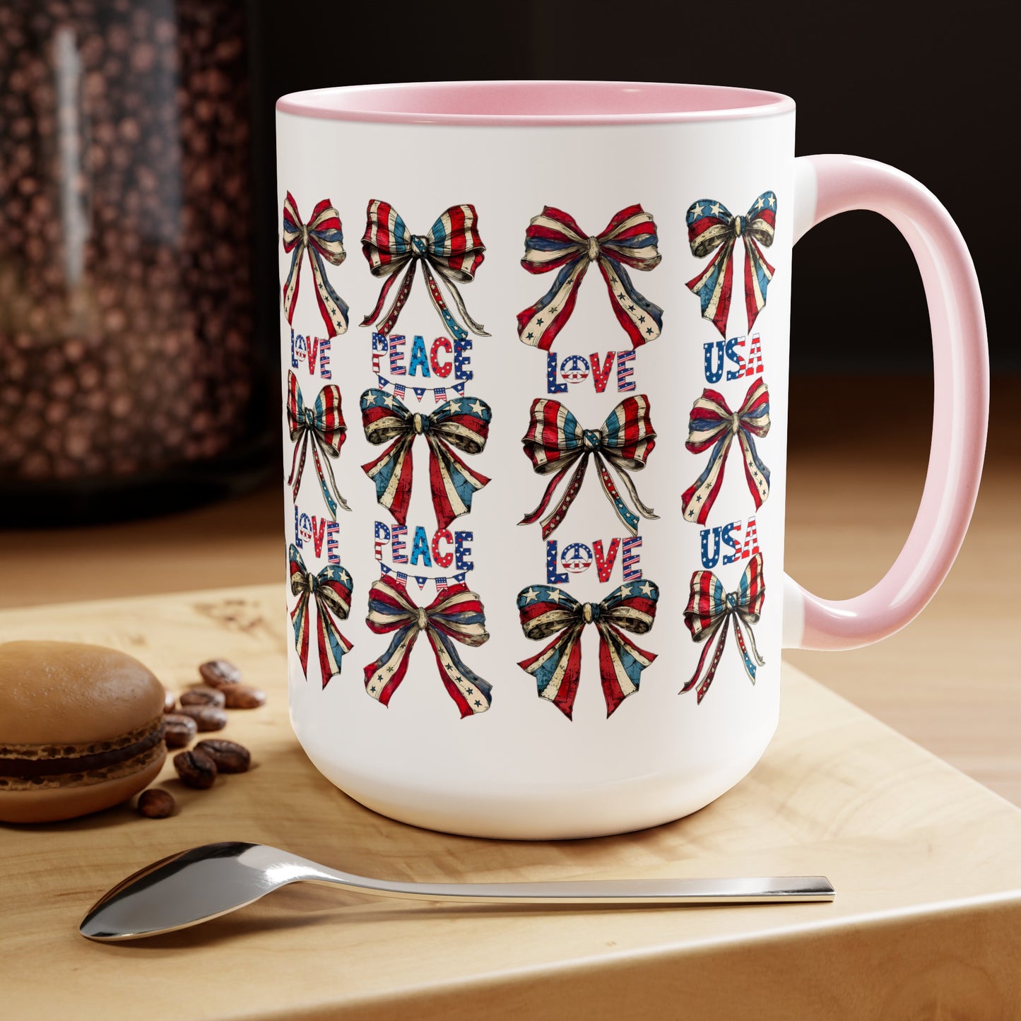 Happy 4th Of July Two -Tone Coffee Mug.15oz. Independence Day Coffee Mug. Love Peace USA.