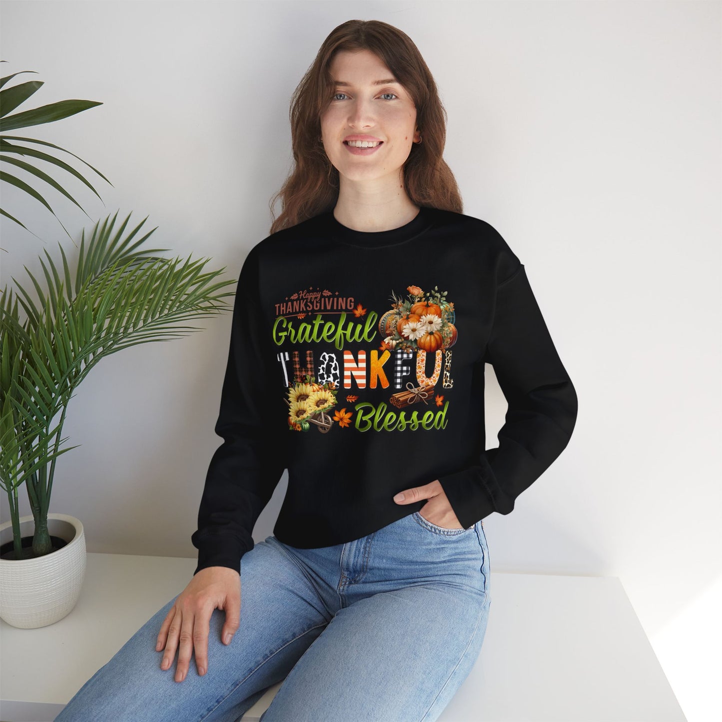 Thankful Grateful Blessed Sweatshirt,  HappyThanksgiving Sweatshirt - Unisex Heavy Blend, Happy Thanksgiving2024 Sweatshirt, Thanksgiving Gift, Festive Sweatshirt.