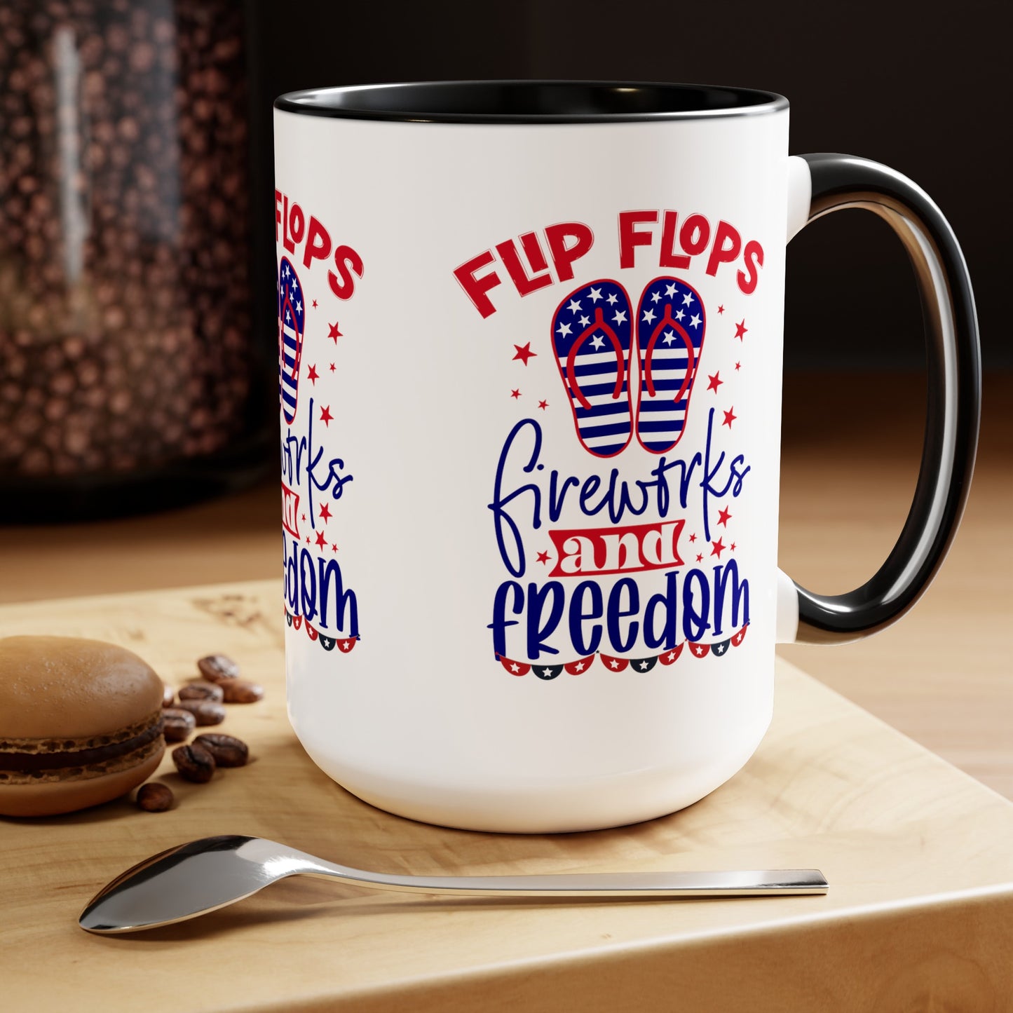 Happy 4th Of July Two -Tone Coffee Mug.15oz. Happy Independence Day Coffee Mug. America, Red White Blue, Flag,Peace Love America. Flipflop fireworks & Freedom.