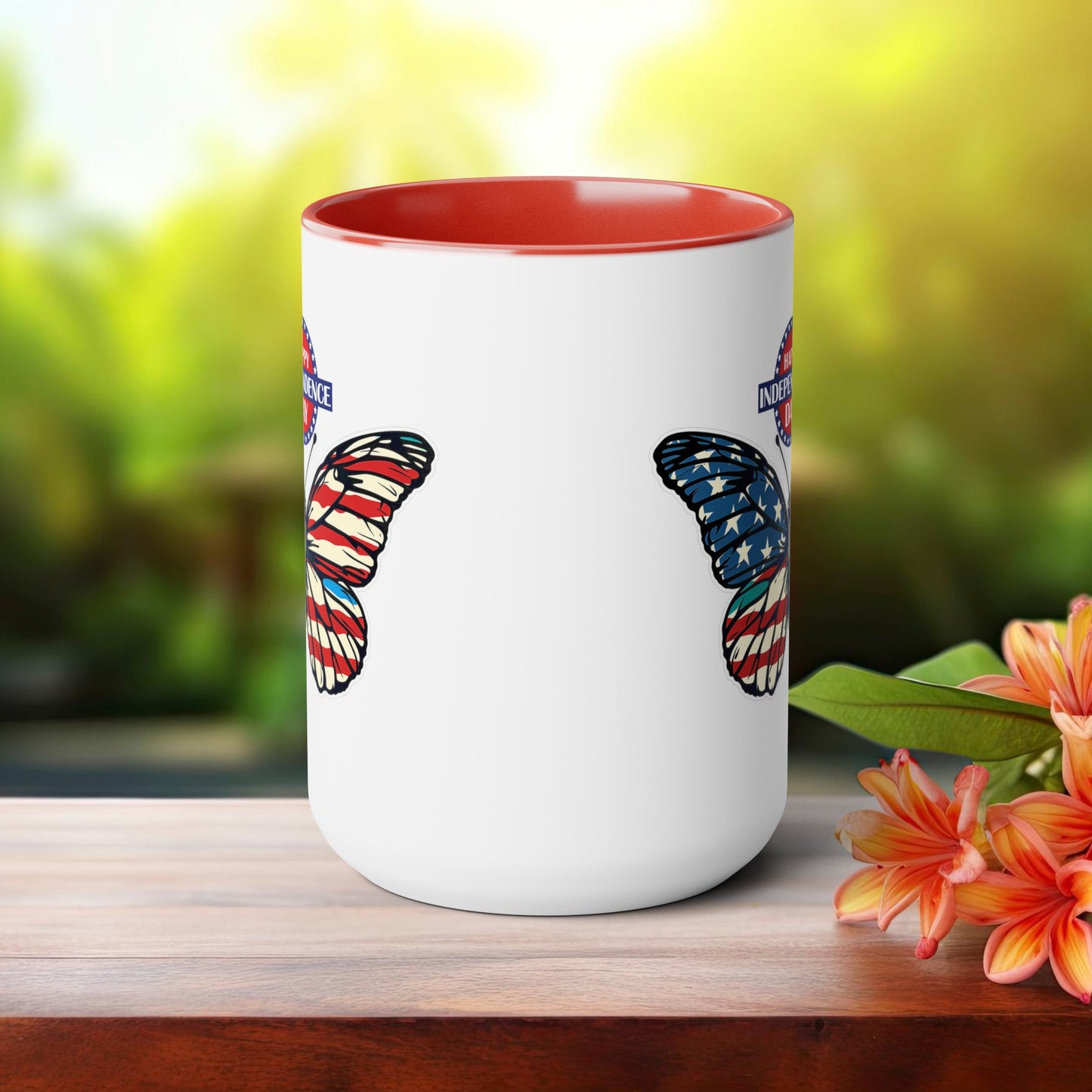 Happy 4th Of July Two -Tone Coffee Mug.15oz. Happy Independence Day Coffee Mug. Butterfly Coffee Mug, America, Red White Blue, Flag.