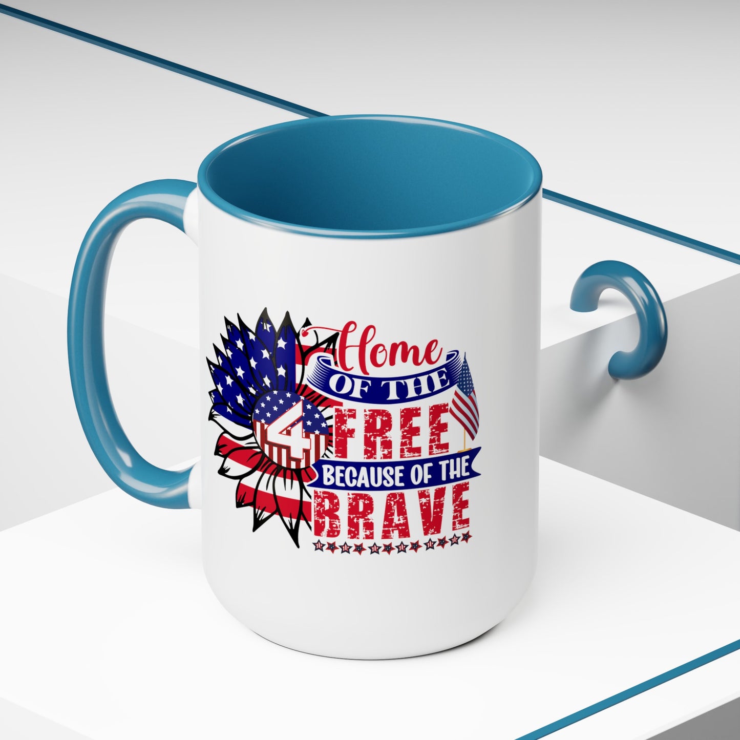 Happy 4th Of July Two -Tone Coffee Mug.15oz. God Bless America Coffee Mug.Flag, Red White Blue, Gift, America.Fourth Of July Sunflower Coffee Mug.