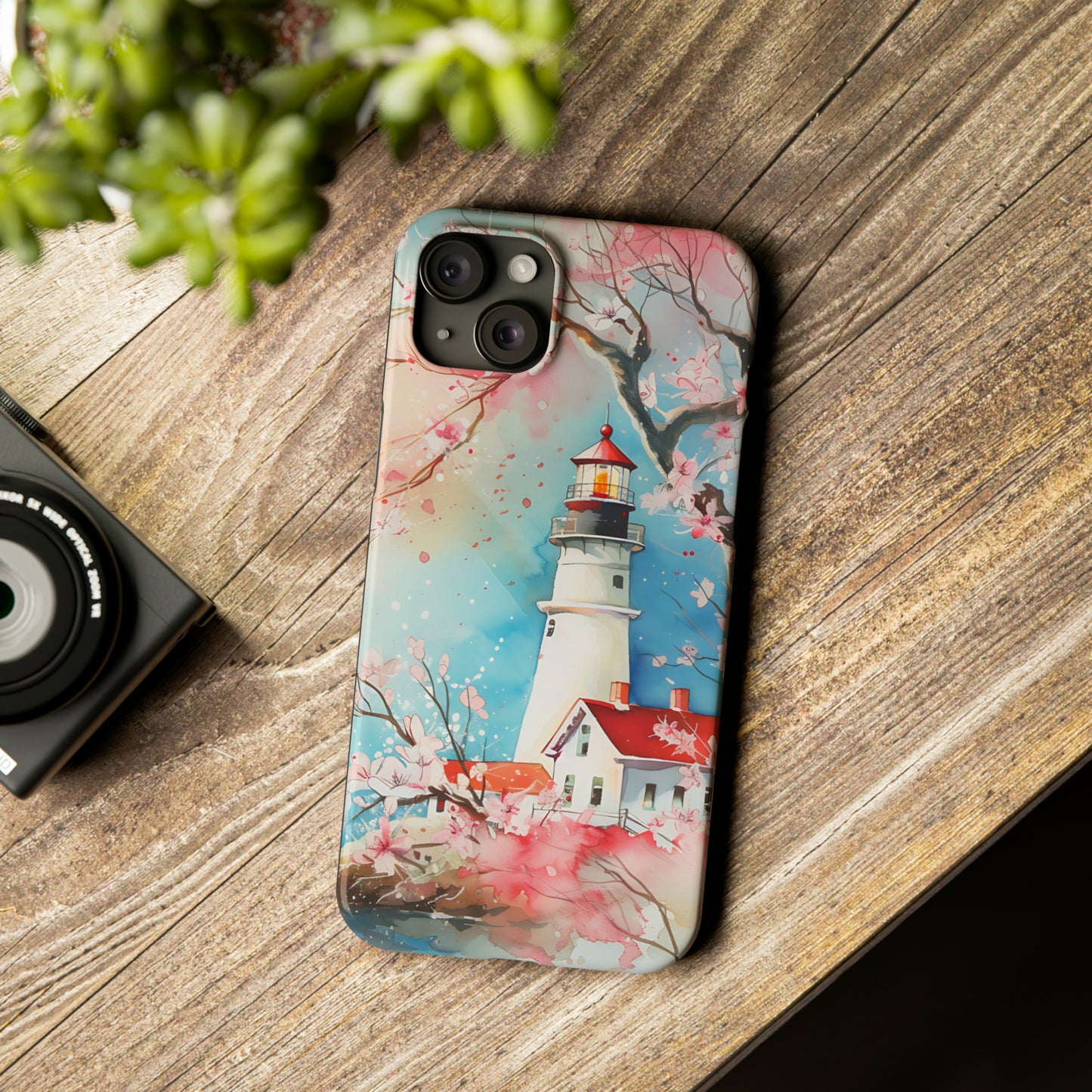 Watercolor Spring Lighthouse iPhone 15 Phone Cases