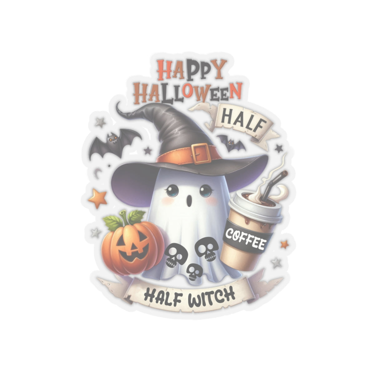 Half Coffee Half Witch Kiss-Cut Stickers, Happy Halloween Kiss-Cut Stickers, Spooky Season Kiss-Cut Stickers, Cute Cat Halloween Kiss-Cut Stickers.