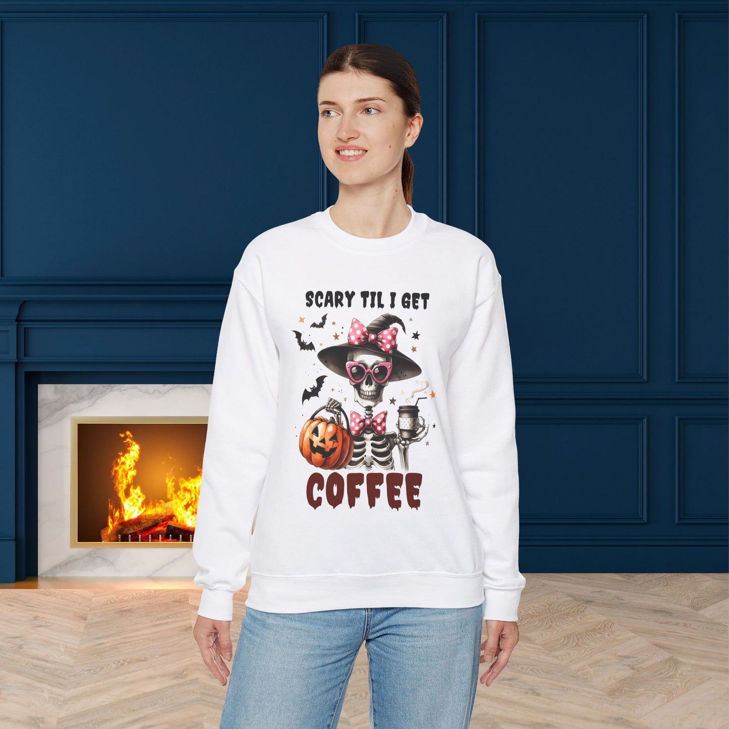 Scary Til I Get Coffee Halloween Sweatshirt, Happy Halloween Sweatshirt - Unisex Heavy Blend Crewneck, Halloween Sweatshirt, Cute Spooky Ghost sweatshirt.