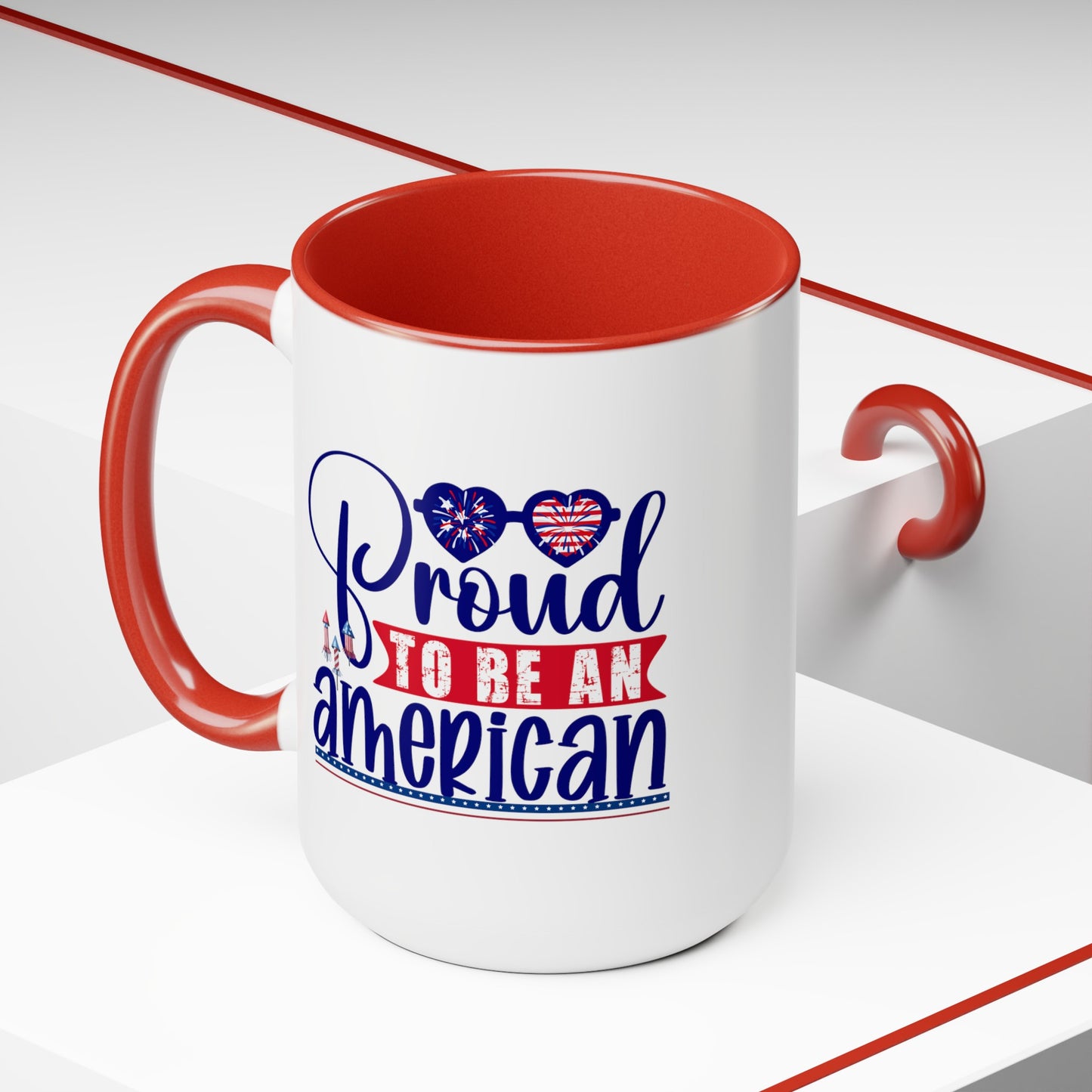 Happy 4th Of July Two -Tone Coffee Mug.15oz. Happy Independence Day Coffee Mug. America, Red White Blue, Flag,Peace Love America. Proud To Be An American