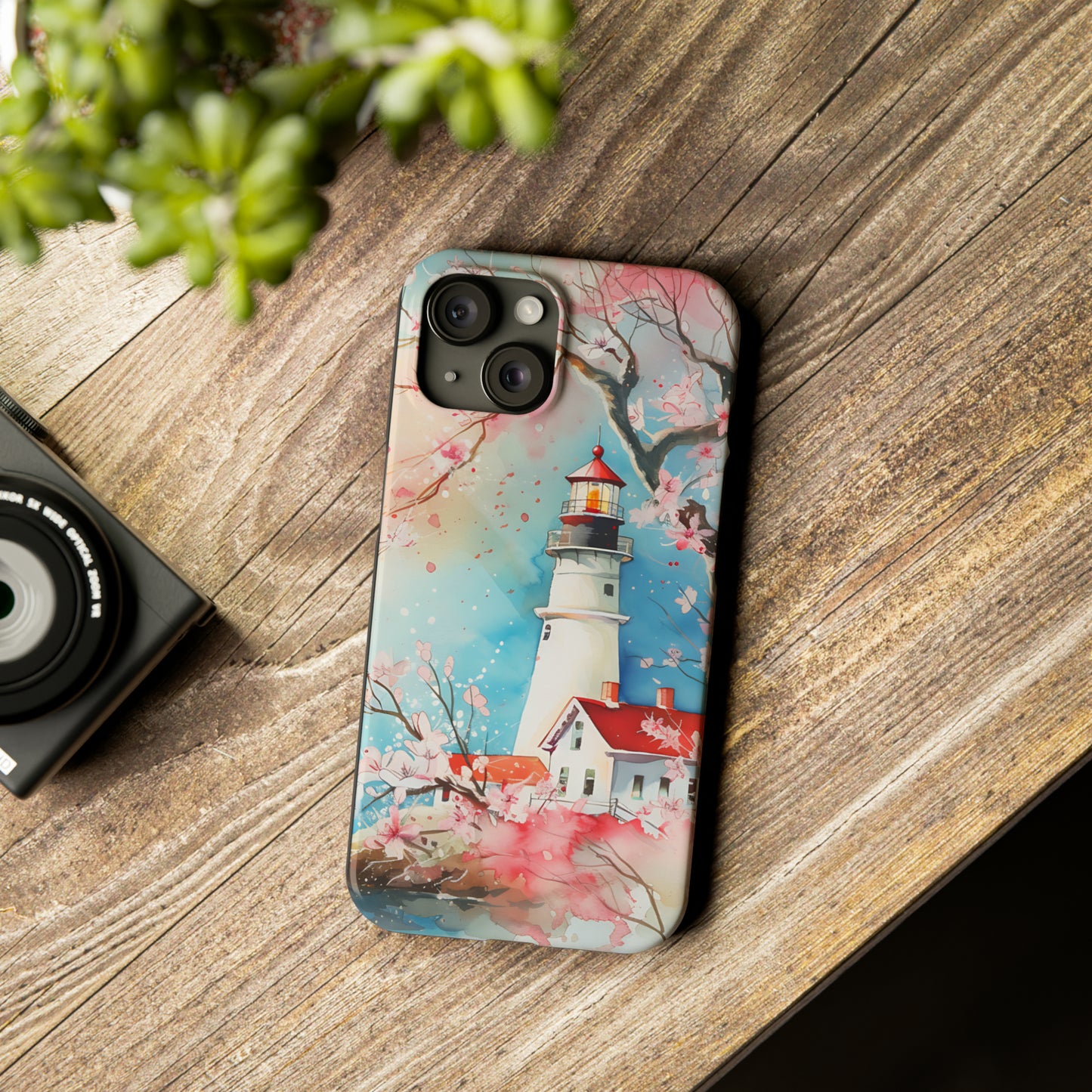 Watercolor Spring Lighthouse iPhone 15 Phone Cases