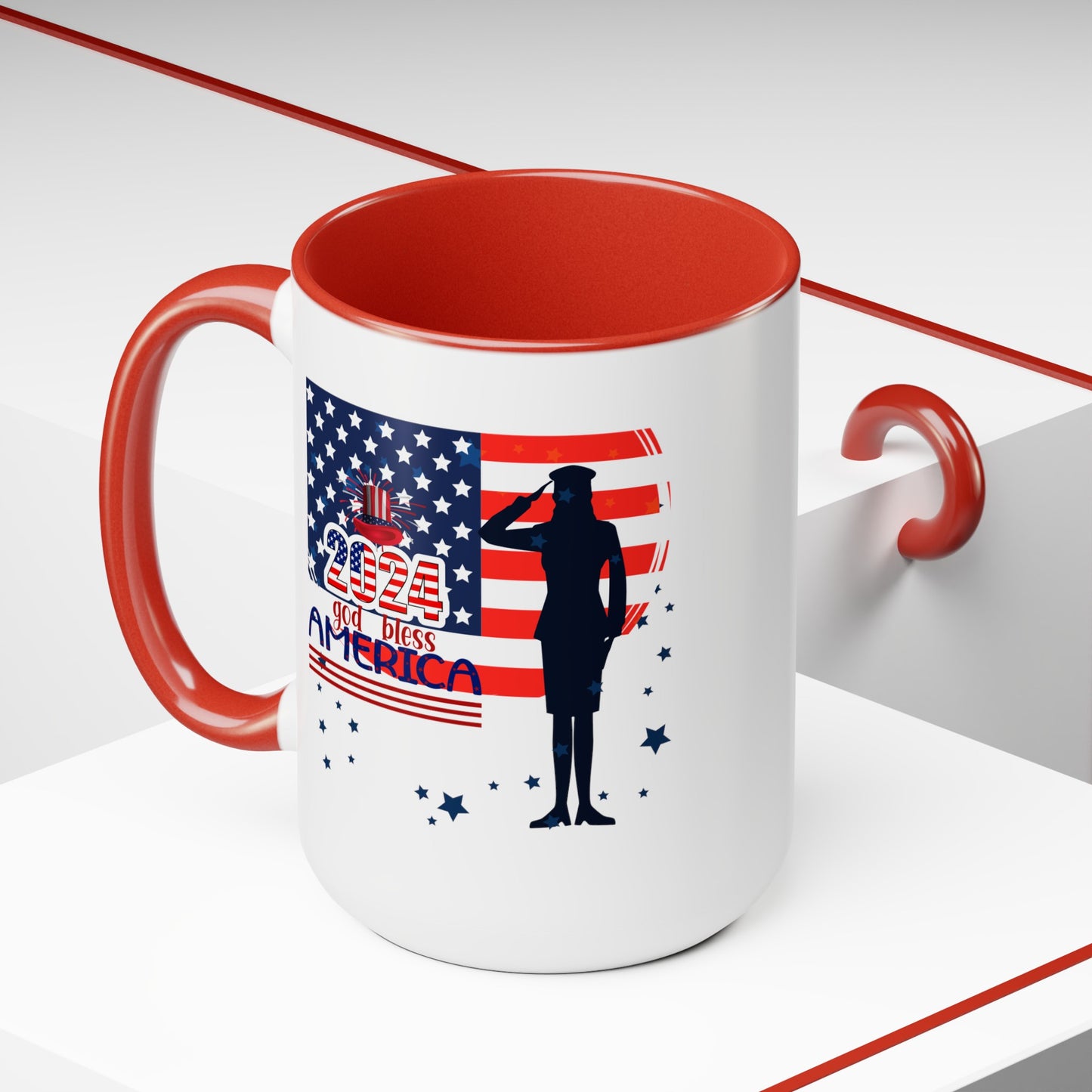 Happy 4th Of July Two -Tone Coffee Mug.15oz. God Bless America Coffee Mug.Flag, Red White Blue, gift, America.