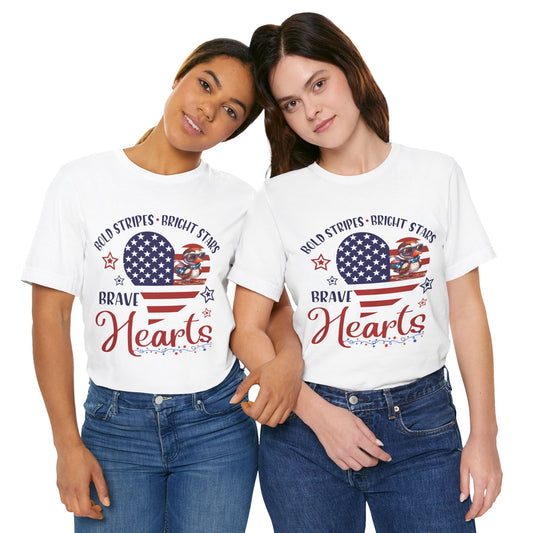 4th of July T-Shirt, Brave Hearts T-shirt,  Fourth of July unisex jersey short sleeve, America, Flag, Peace Love America. Proud To Be An American, Red White Blue T-shirt.