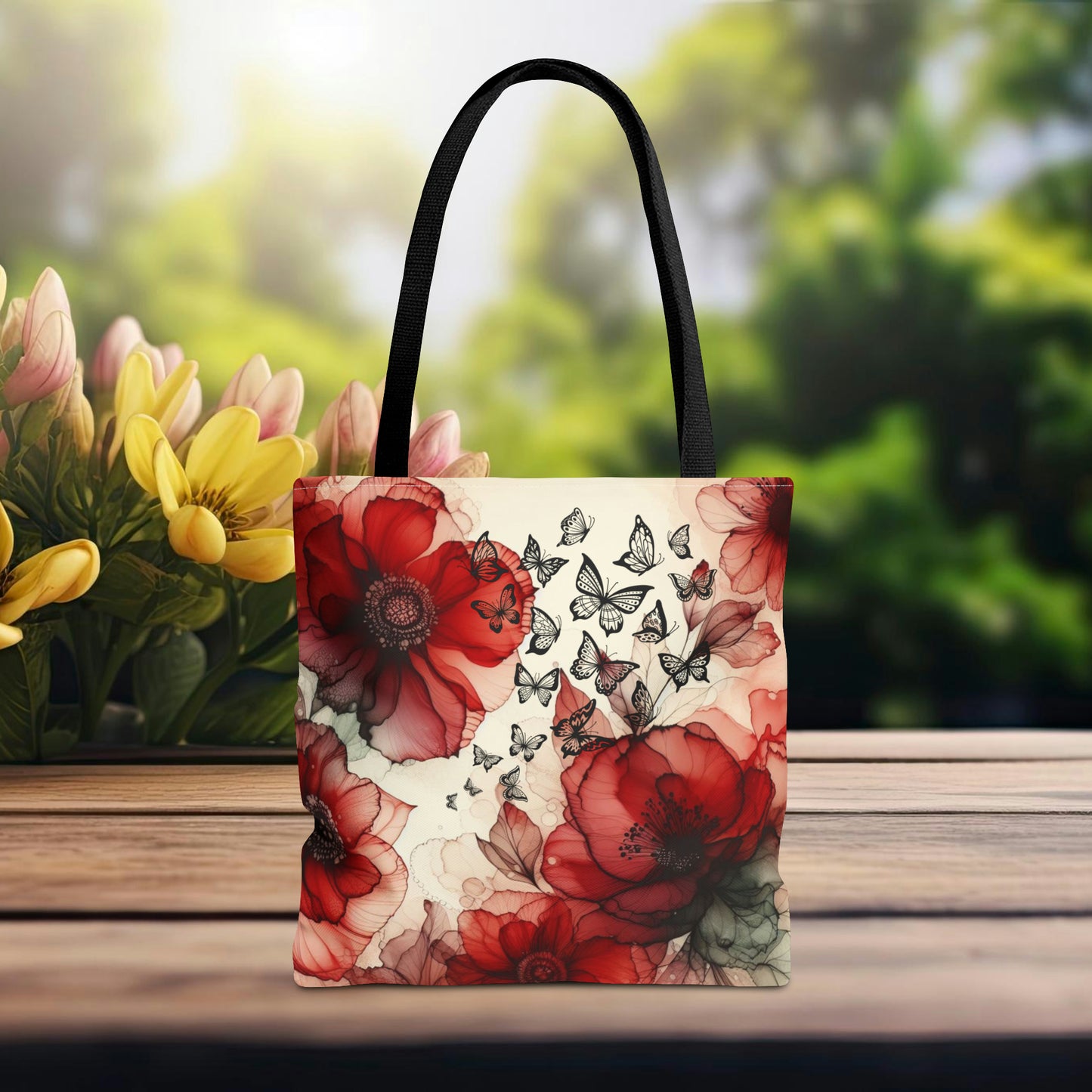 Red Flower With Butterfly Tote Bag