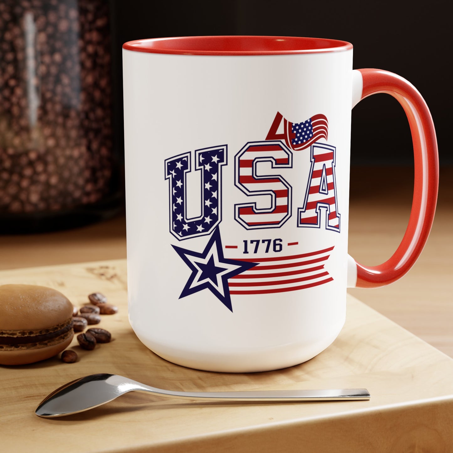 Happy 4th Of July Two -Tone Coffee Mug.15oz. Happy Independence Day Coffee Mug. America, Red White Blue, Flag,Peace Love America. Proud To Be An American