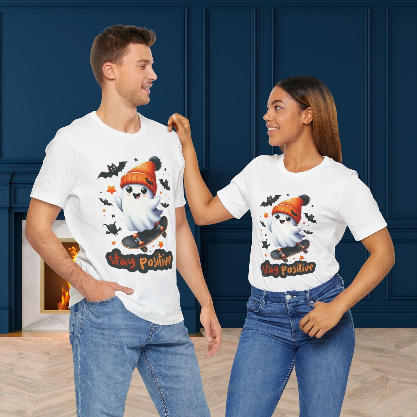 Stay Positive Cute Ghost T-shirt, Happy Halloween Skeleton T-shirt, Happy Halloween T-shirt, Trick Or Treat T-shirt, Halloween T-shirt, Cool Halloween T-shirt, Spooky T-shirt,