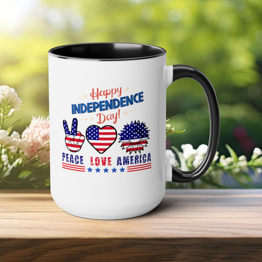 Happy 4th Of July Two -Tone Coffee Mug.15oz. Happy Independence Day Coffee Mug. America, Red White Blue, Flag,Peace Love America.