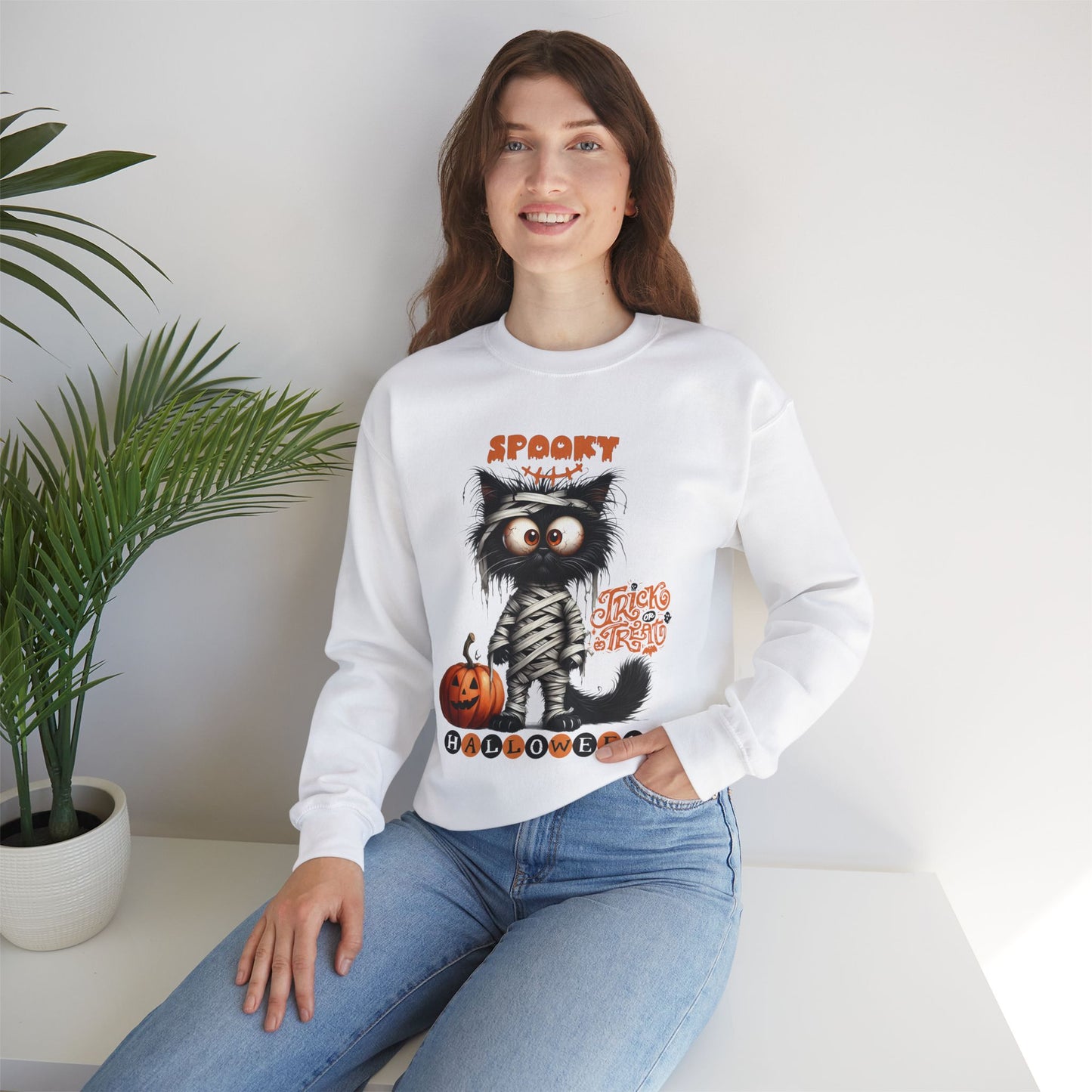 Spooky Halloween Cat Sweatshirt, Happy Halloween Sweatshirt - Unisex Heavy Blend Crewneck, Halloween Sweatshirt, Cute Spooky Ghost sweatshirt.