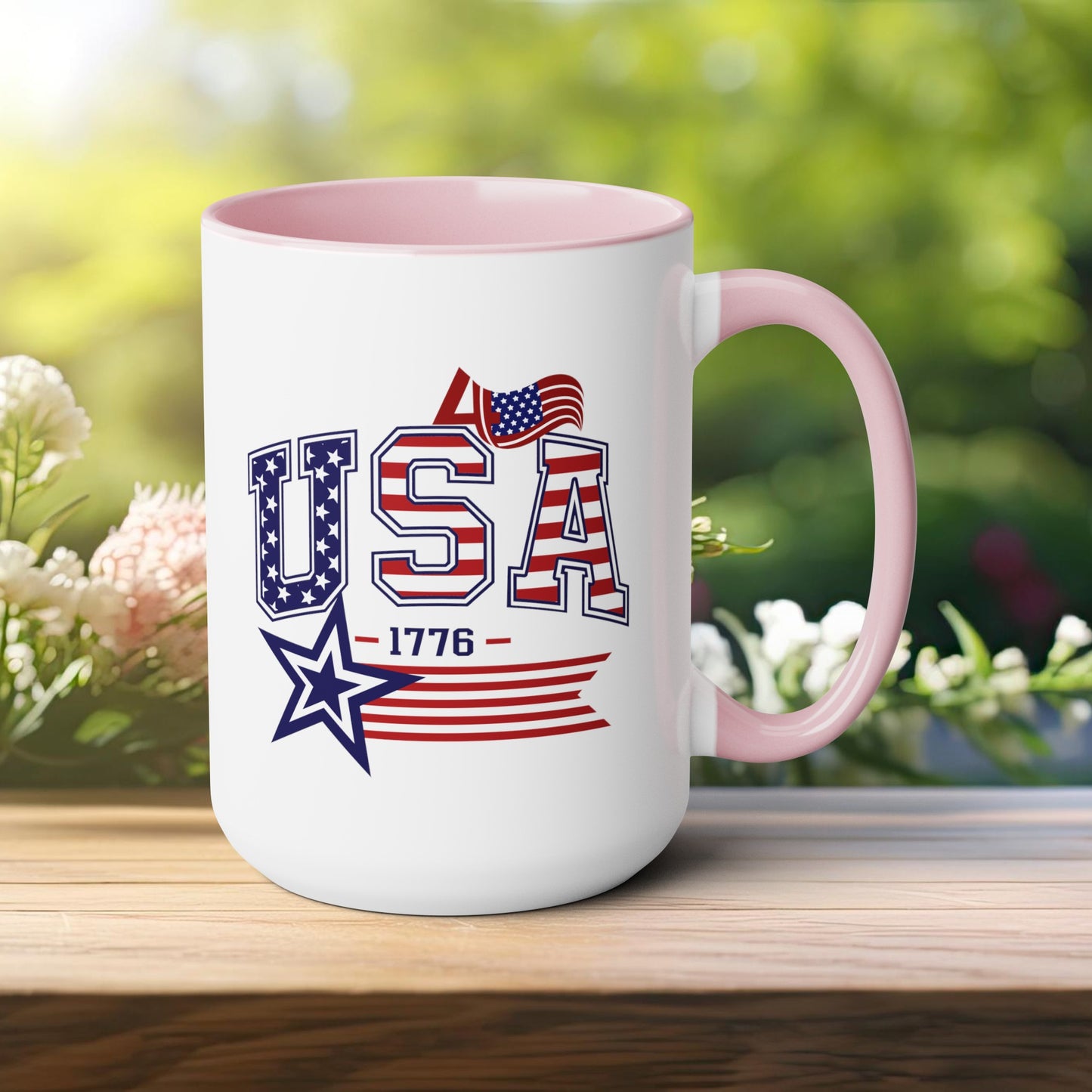 Happy 4th Of July Two -Tone Coffee Mug.15oz. Happy Independence Day Coffee Mug. America, Red White Blue, Flag,Peace Love America. Proud To Be An American