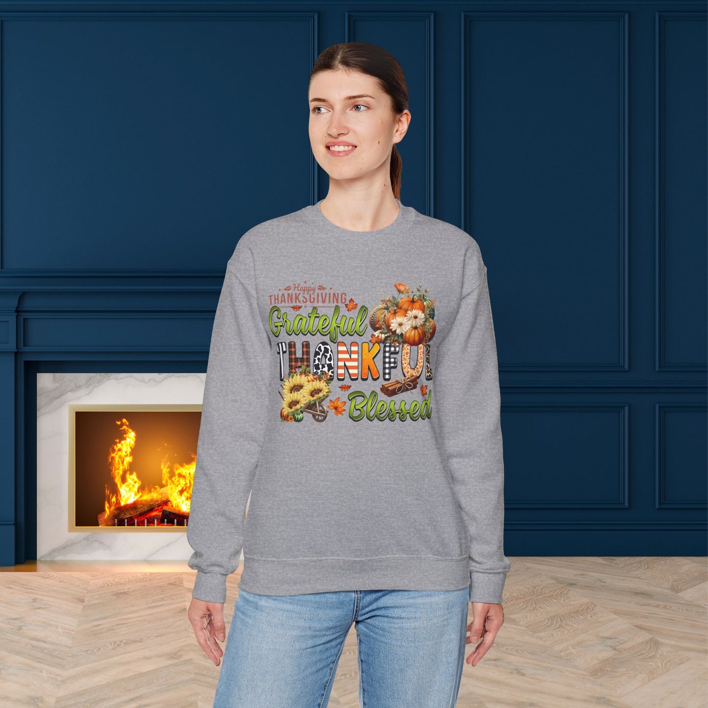 Thankful Grateful Blessed Sweatshirt,  HappyThanksgiving Sweatshirt - Unisex Heavy Blend, Happy Thanksgiving2024 Sweatshirt, Thanksgiving Gift, Festive Sweatshirt.