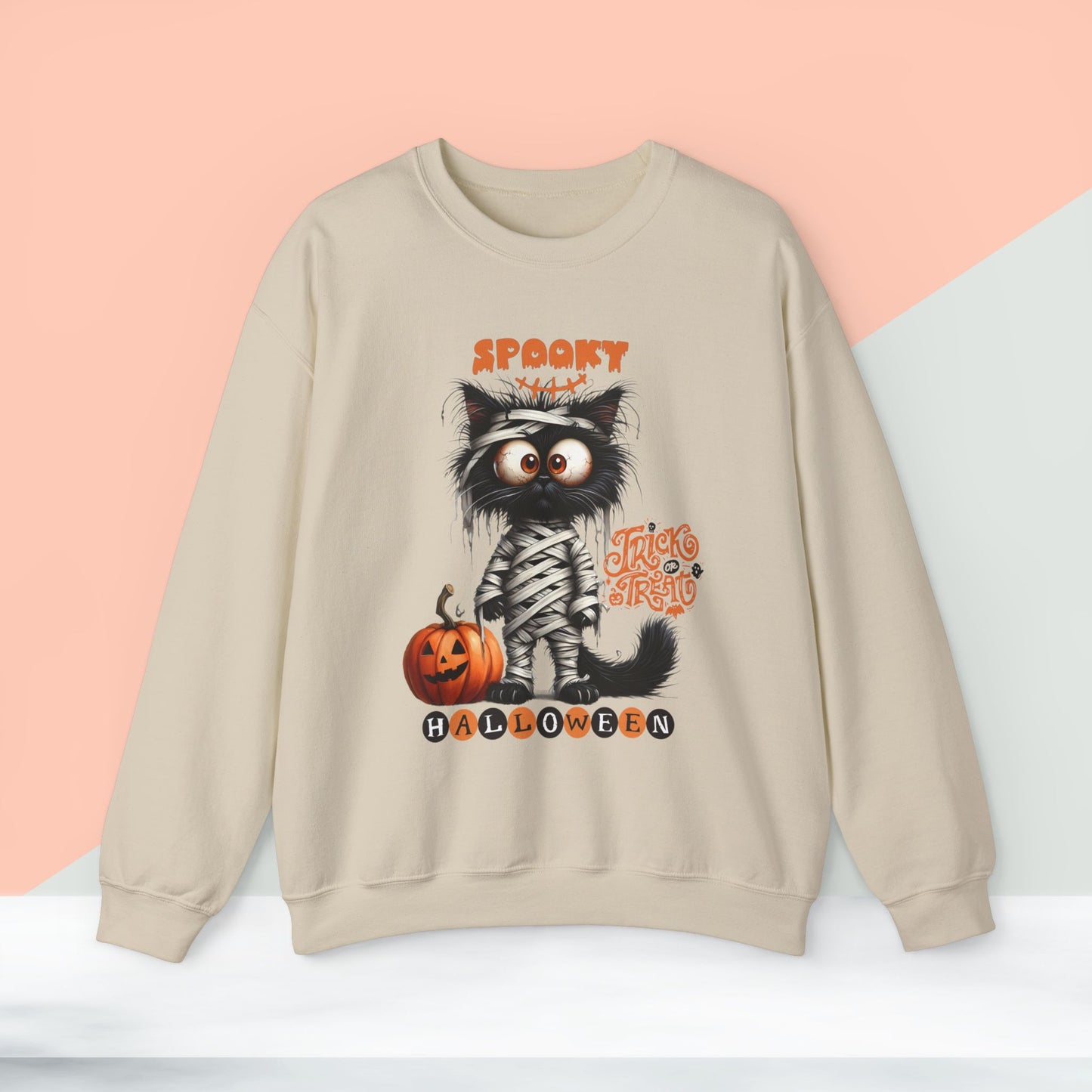 Spooky Halloween Cat Sweatshirt, Happy Halloween Sweatshirt - Unisex Heavy Blend Crewneck, Halloween Sweatshirt, Cute Spooky Ghost sweatshirt.