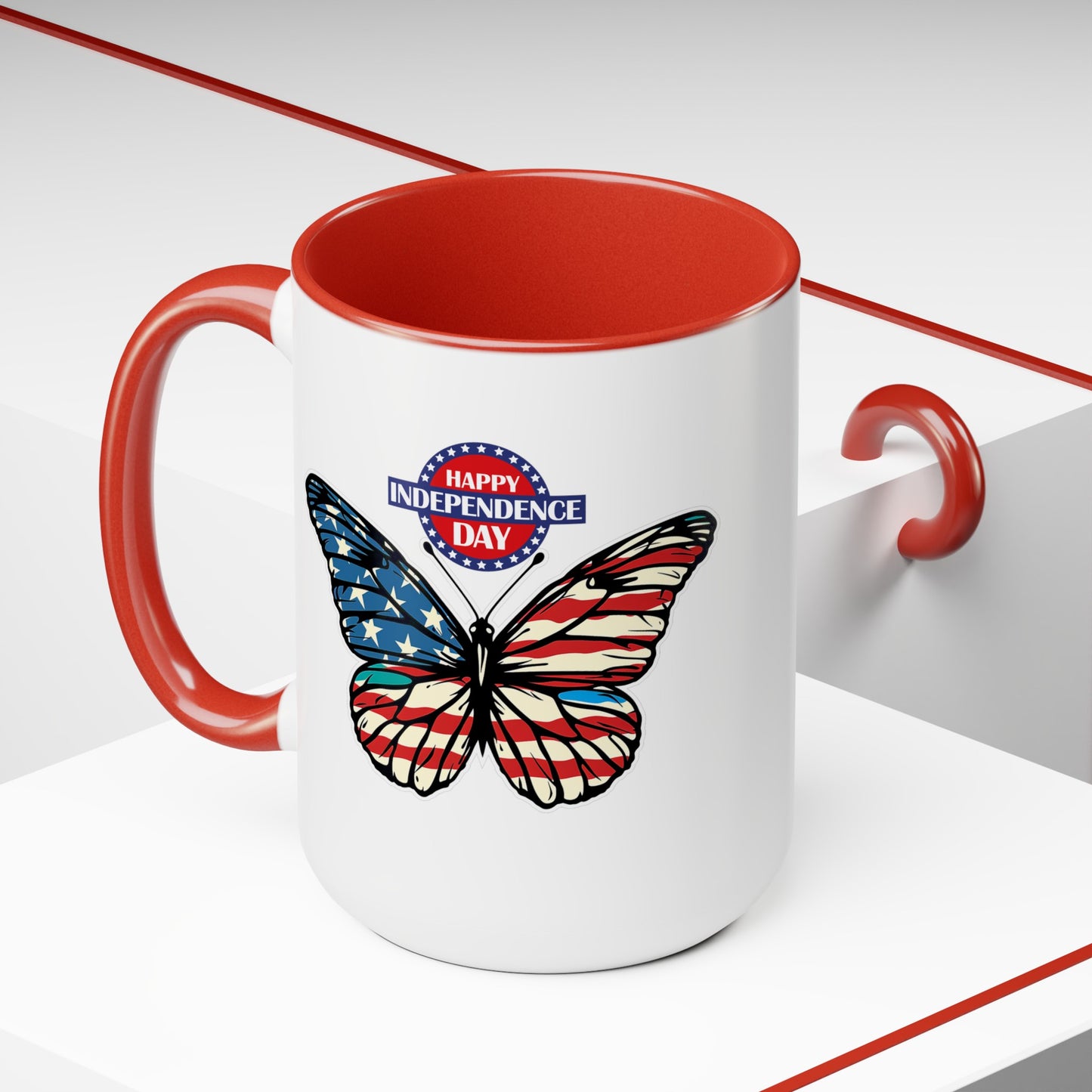 Happy 4th Of July Two -Tone Coffee Mug.15oz. Happy Independence Day Coffee Mug. Butterfly Coffee Mug, America, Red White Blue, Flag.