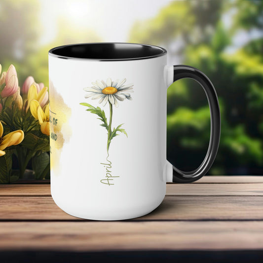 Birth Month Flower Two-Tone Coffee Mugs, 15oz, April Birth Month Flower mug.