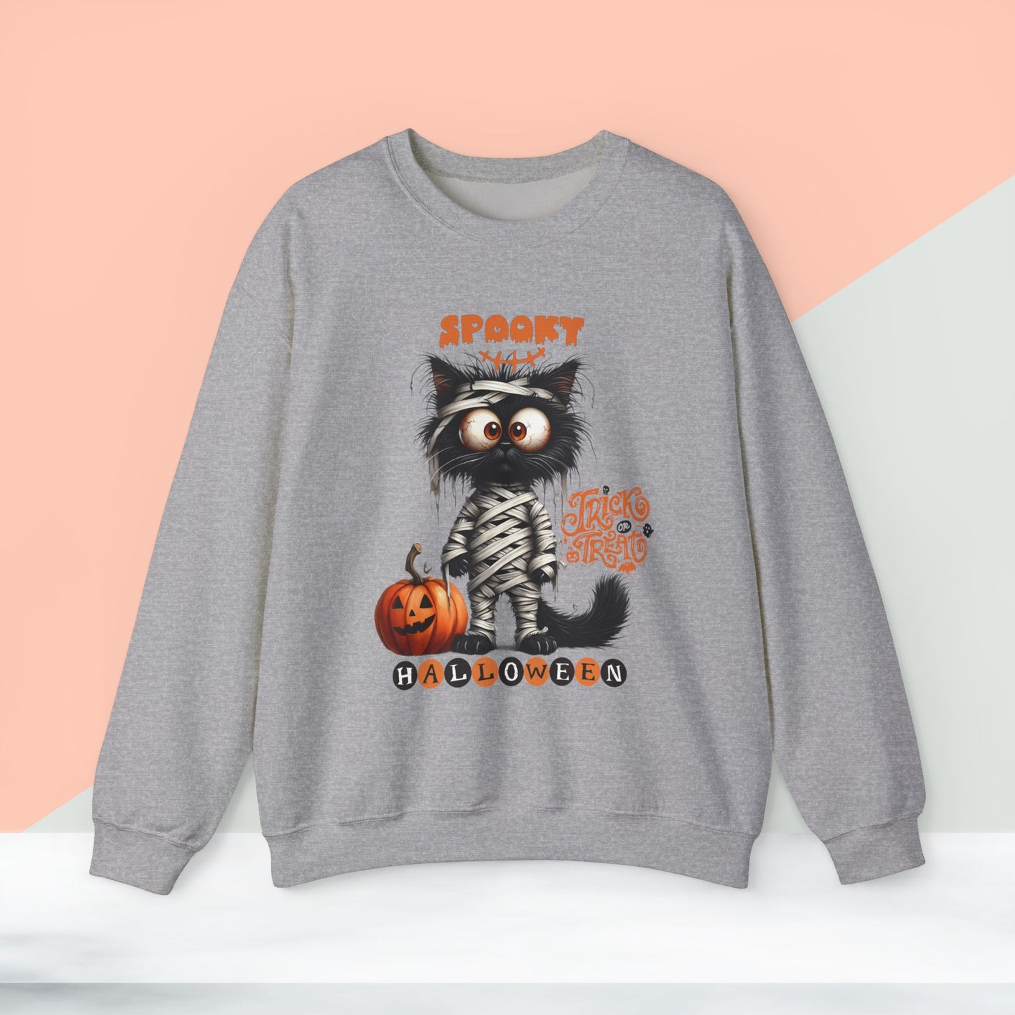 Spooky Halloween Cat Sweatshirt, Happy Halloween Sweatshirt - Unisex Heavy Blend Crewneck, Halloween Sweatshirt, Cute Spooky Ghost sweatshirt.