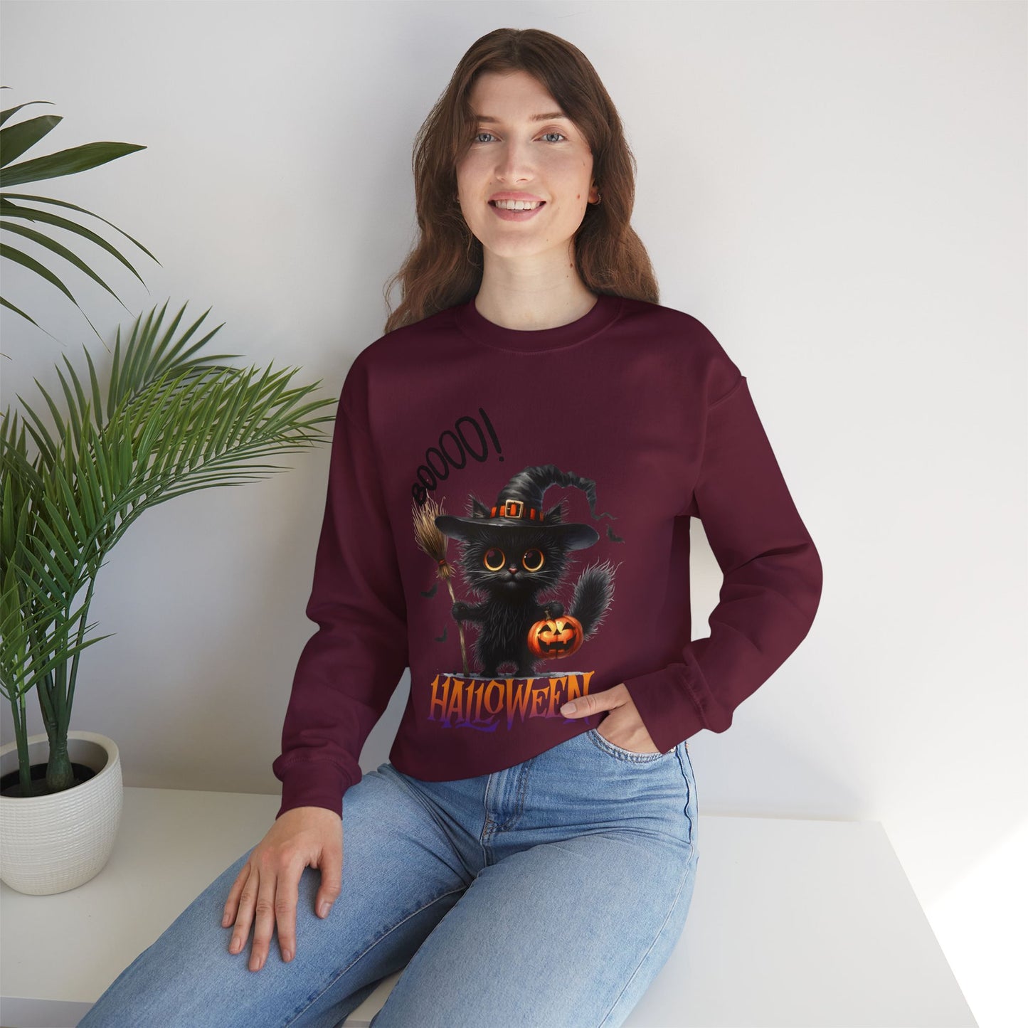 Spooky Cat Halloween Sweatshirt - Unisex Heavy Blend Crewneck, halloween sweatshirt, cute spooky cat sweatshirt.