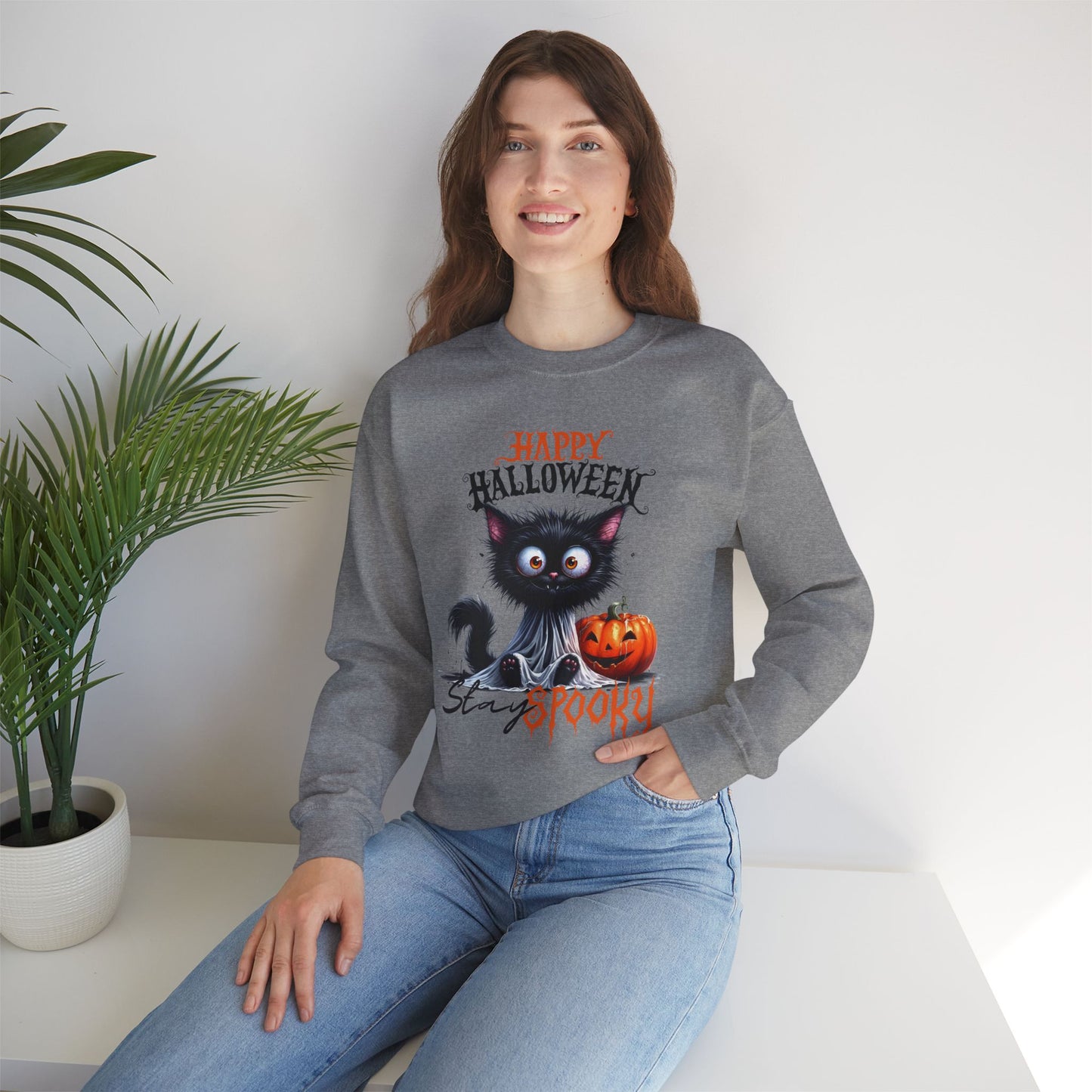 Stay spooky Halloween Sweatshirt - Unisex Heavy Blend Crewneck, halloween sweatshirt, cute spooky cat sweatshirt.