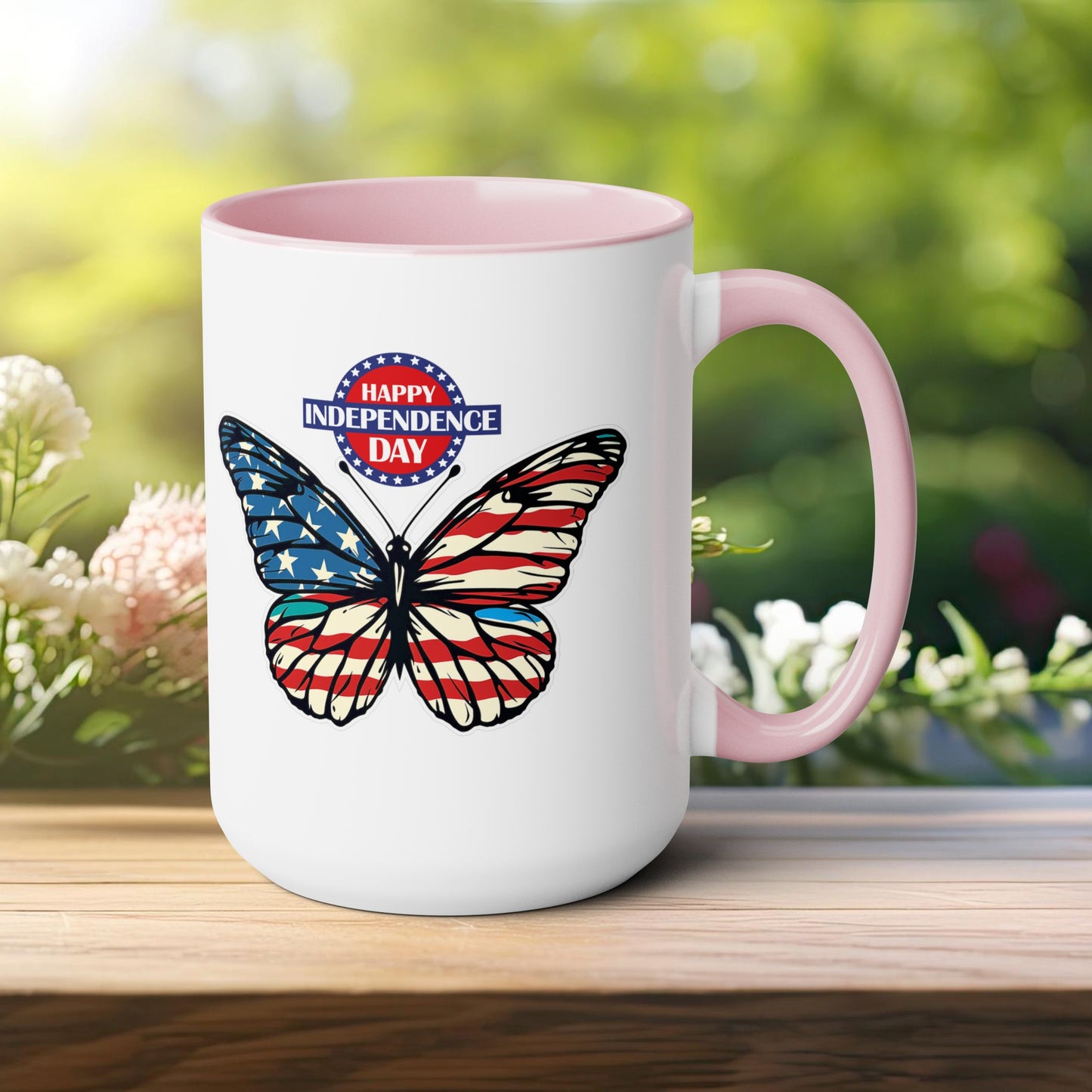 Happy 4th Of July Two -Tone Coffee Mug.15oz. Happy Independence Day Coffee Mug. Butterfly Coffee Mug, America, Red White Blue, Flag.