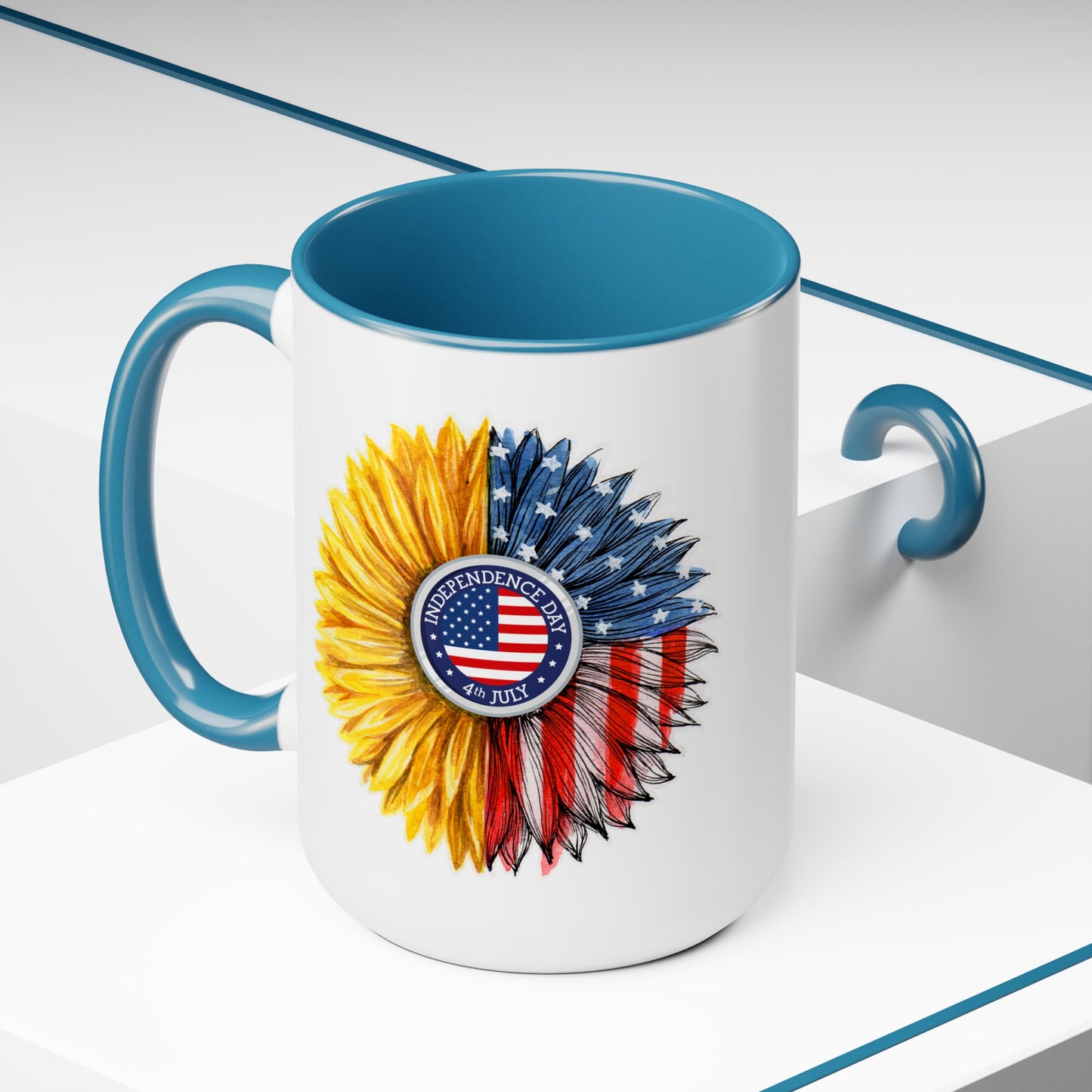 Happy 4th Of July Two -Tone Coffee Mug.15oz. Independence Day Sunflower Coffee Mug.