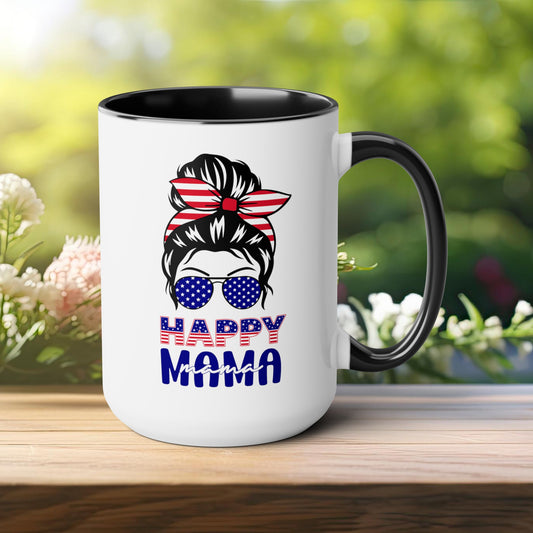 Happy 4th Of July Two -Tone Coffee Mug.15oz. Happy Independence Day Coffee Mug. America, Red White Blue, Flag,Peace Love America. Happy Mama.