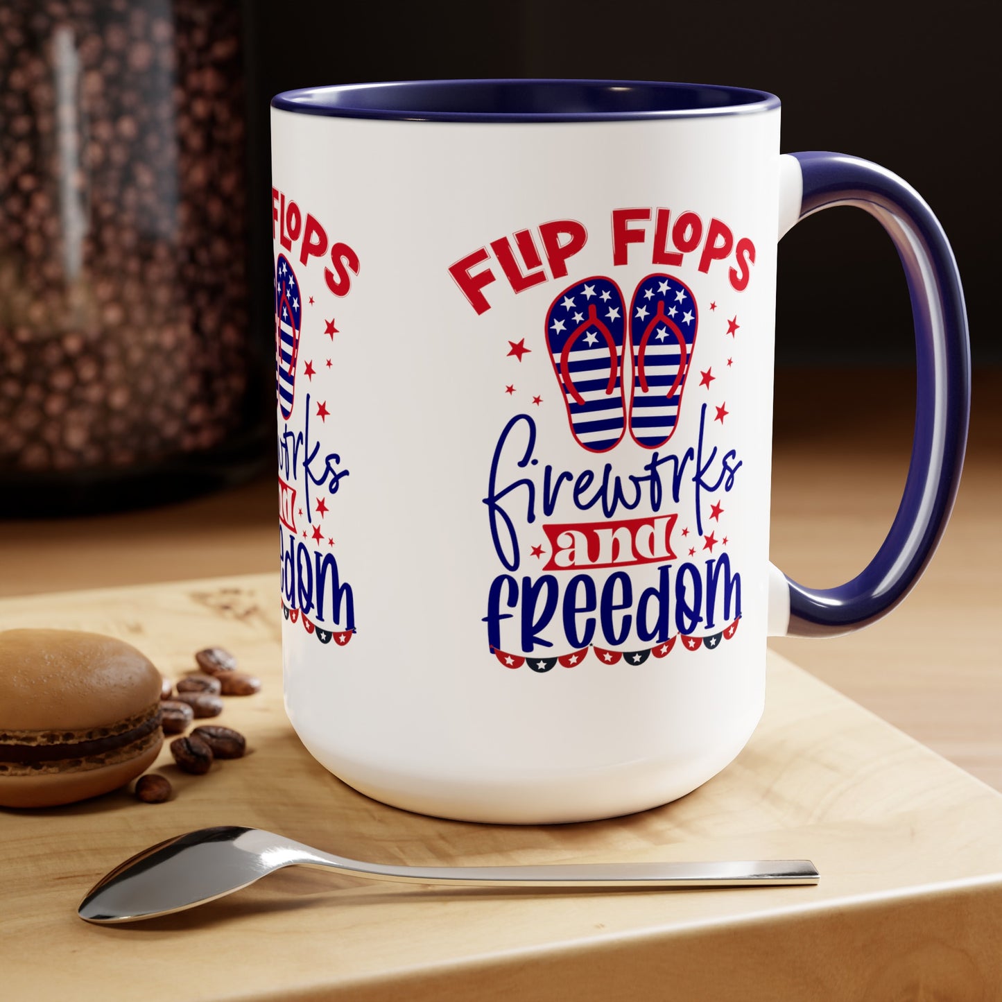 Happy 4th Of July Two -Tone Coffee Mug.15oz. Happy Independence Day Coffee Mug. America, Red White Blue, Flag,Peace Love America. Flipflop fireworks & Freedom.