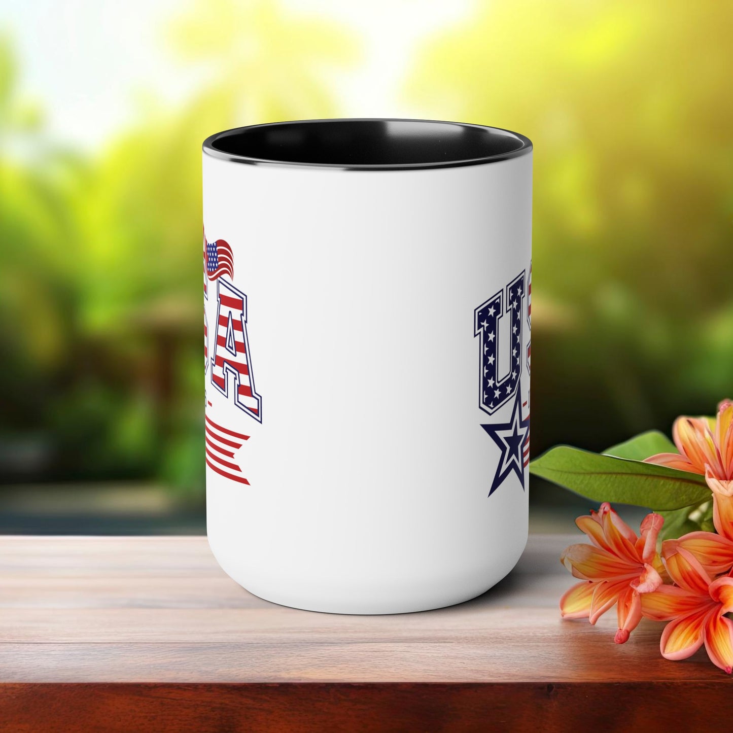 Happy 4th Of July Two -Tone Coffee Mug.15oz. Happy Independence Day Coffee Mug. America, Red White Blue, Flag,Peace Love America. Proud To Be An American