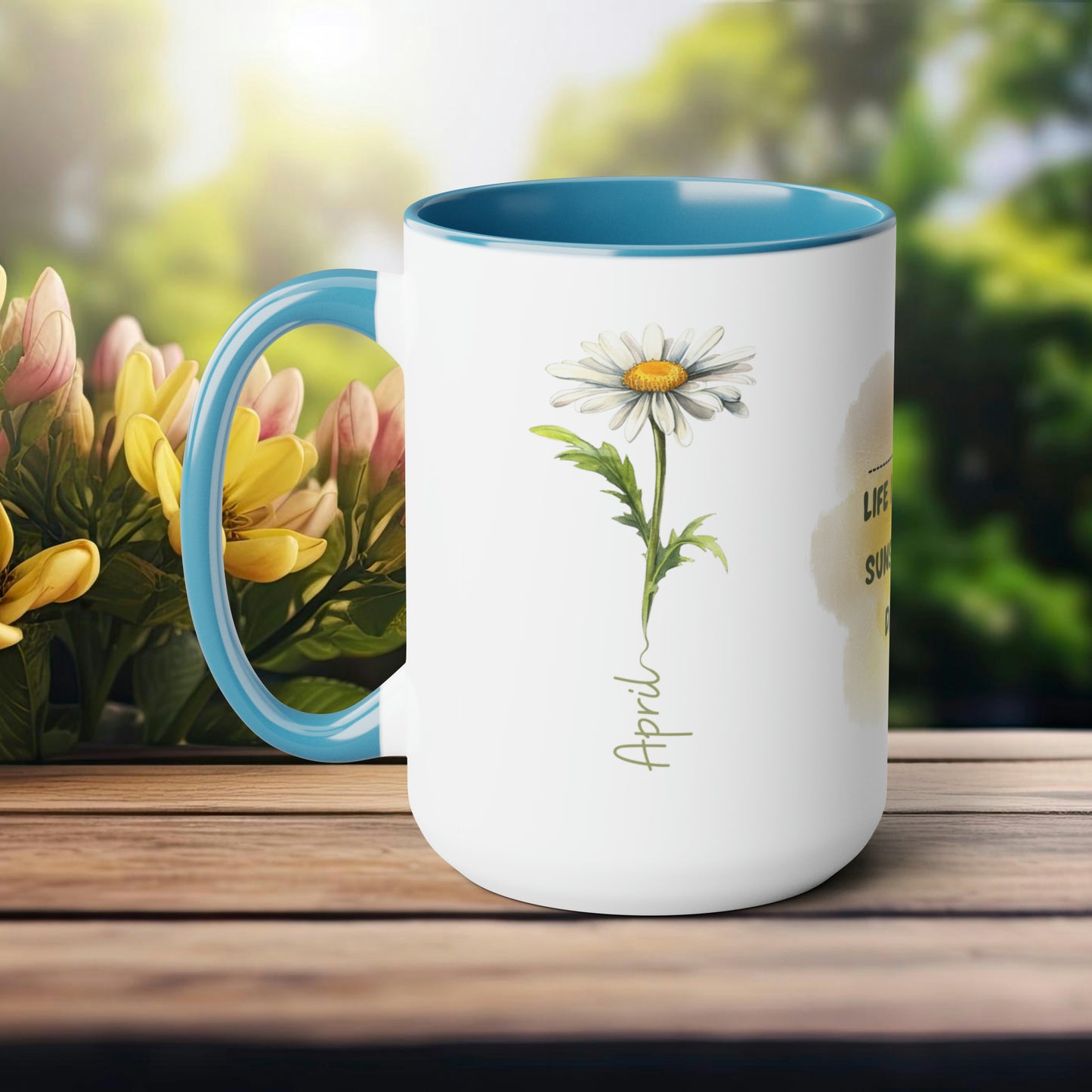 Birth Month Flower Two-Tone Coffee Mugs, 15oz, April Birth Month Flower mug.