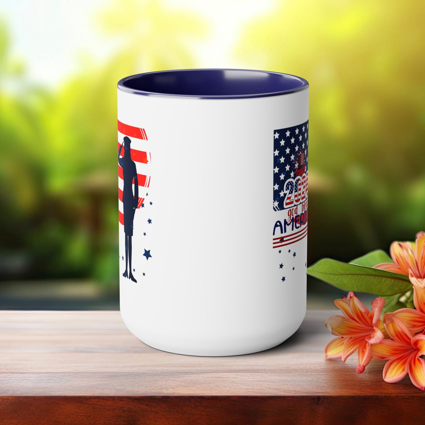 Happy 4th Of July Two -Tone Coffee Mug.15oz. God Bless America Coffee Mug.Flag, Red White Blue, gift, America.