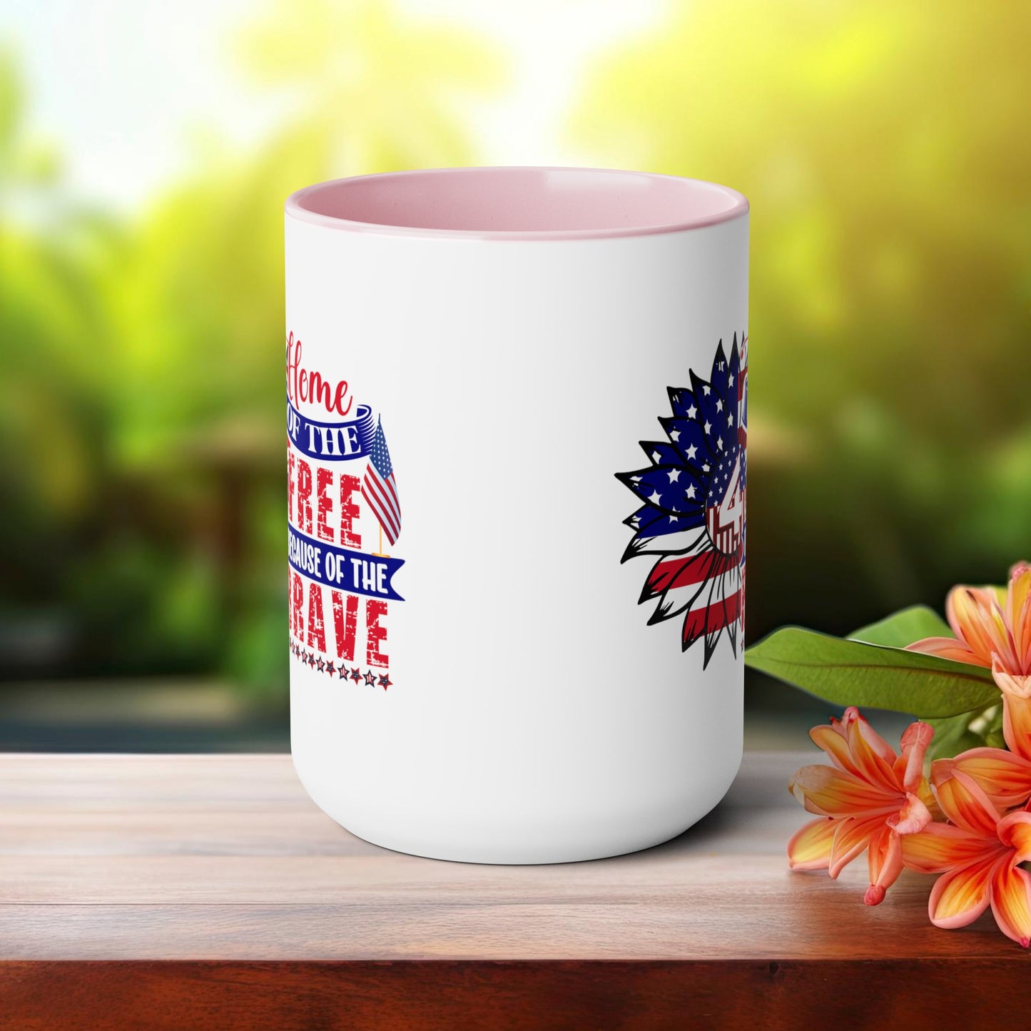 Happy 4th Of July Two -Tone Coffee Mug.15oz. God Bless America Coffee Mug.Flag, Red White Blue, Gift, America.Fourth Of July Sunflower Coffee Mug.