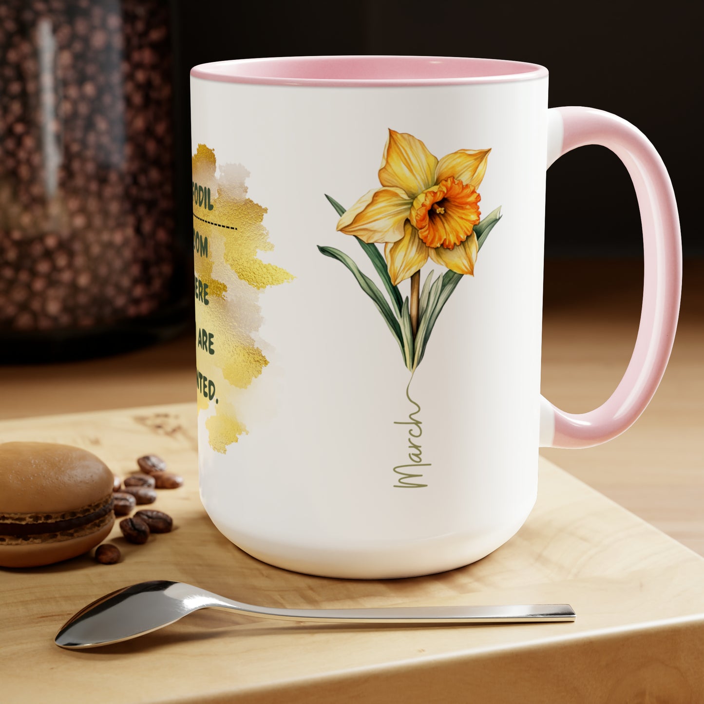 Birth Month Flower Two-Tone Coffee Mugs, 15oz, March Birth Month Flower mug.