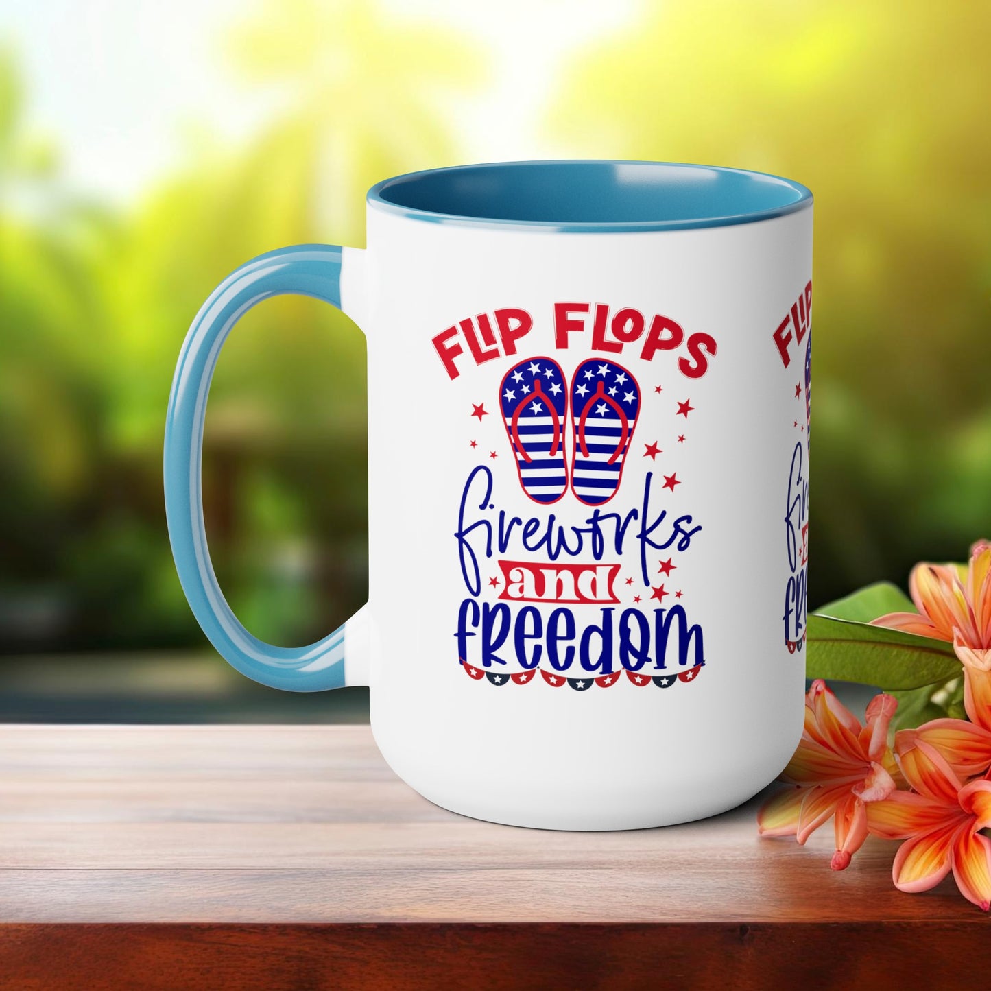 Happy 4th Of July Two -Tone Coffee Mug.15oz. Happy Independence Day Coffee Mug. America, Red White Blue, Flag,Peace Love America. Flipflop fireworks & Freedom.