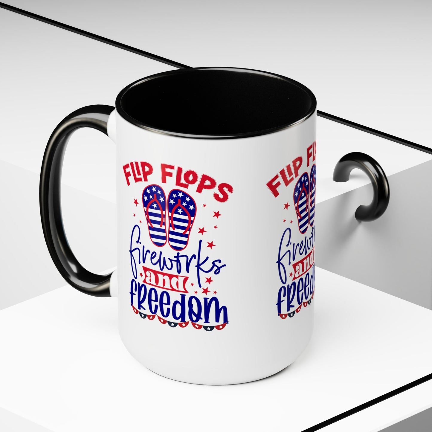 Happy 4th Of July Two -Tone Coffee Mug.15oz. Happy Independence Day Coffee Mug. America, Red White Blue, Flag,Peace Love America. Flipflop fireworks & Freedom.