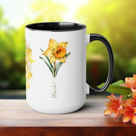 Birth Month Flower Two-Tone Coffee Mugs, 15oz, March Birth Month Flower mug.