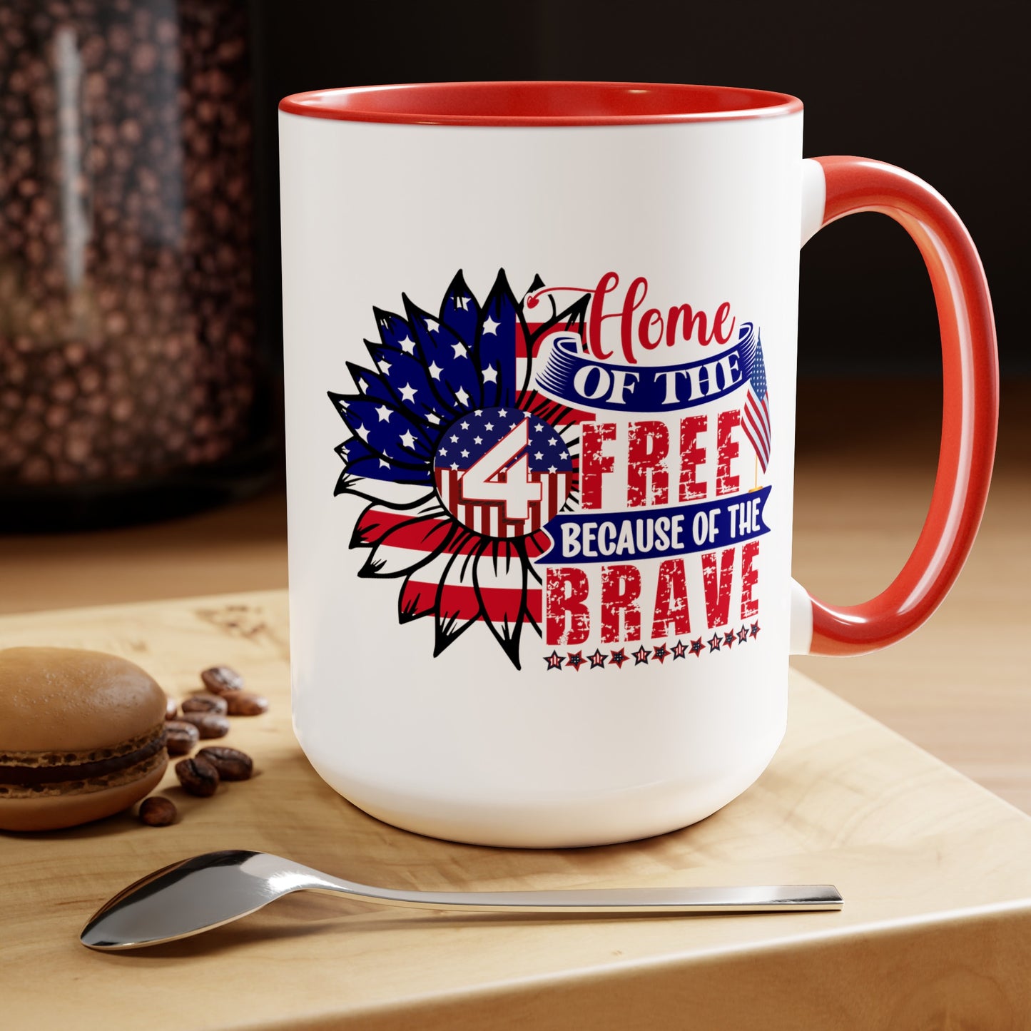 Happy 4th Of July Two -Tone Coffee Mug.15oz. God Bless America Coffee Mug.Flag, Red White Blue, Gift, America.Fourth Of July Sunflower Coffee Mug.