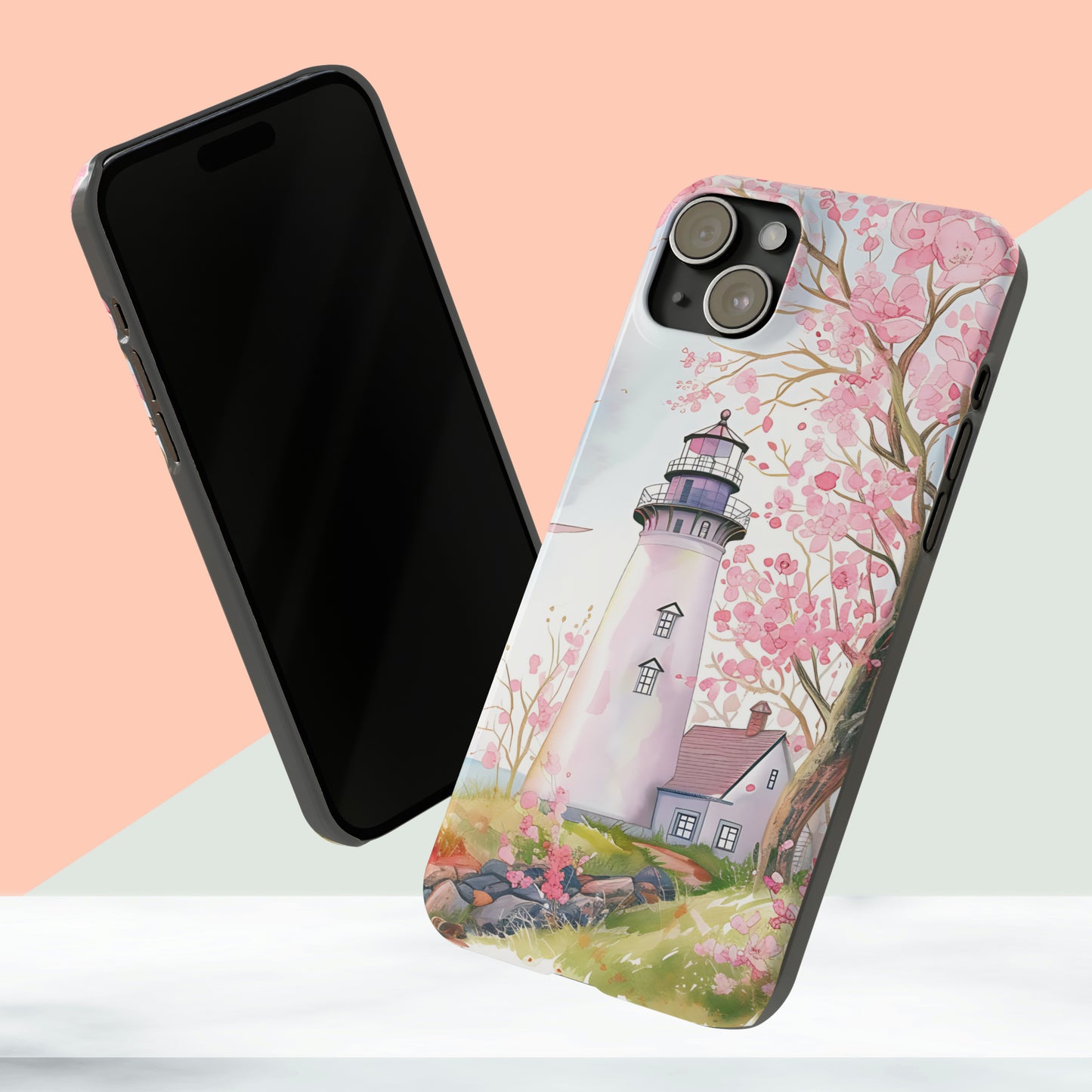 Watercolor Spring Lighthouse iPhone 15 Phone Cases