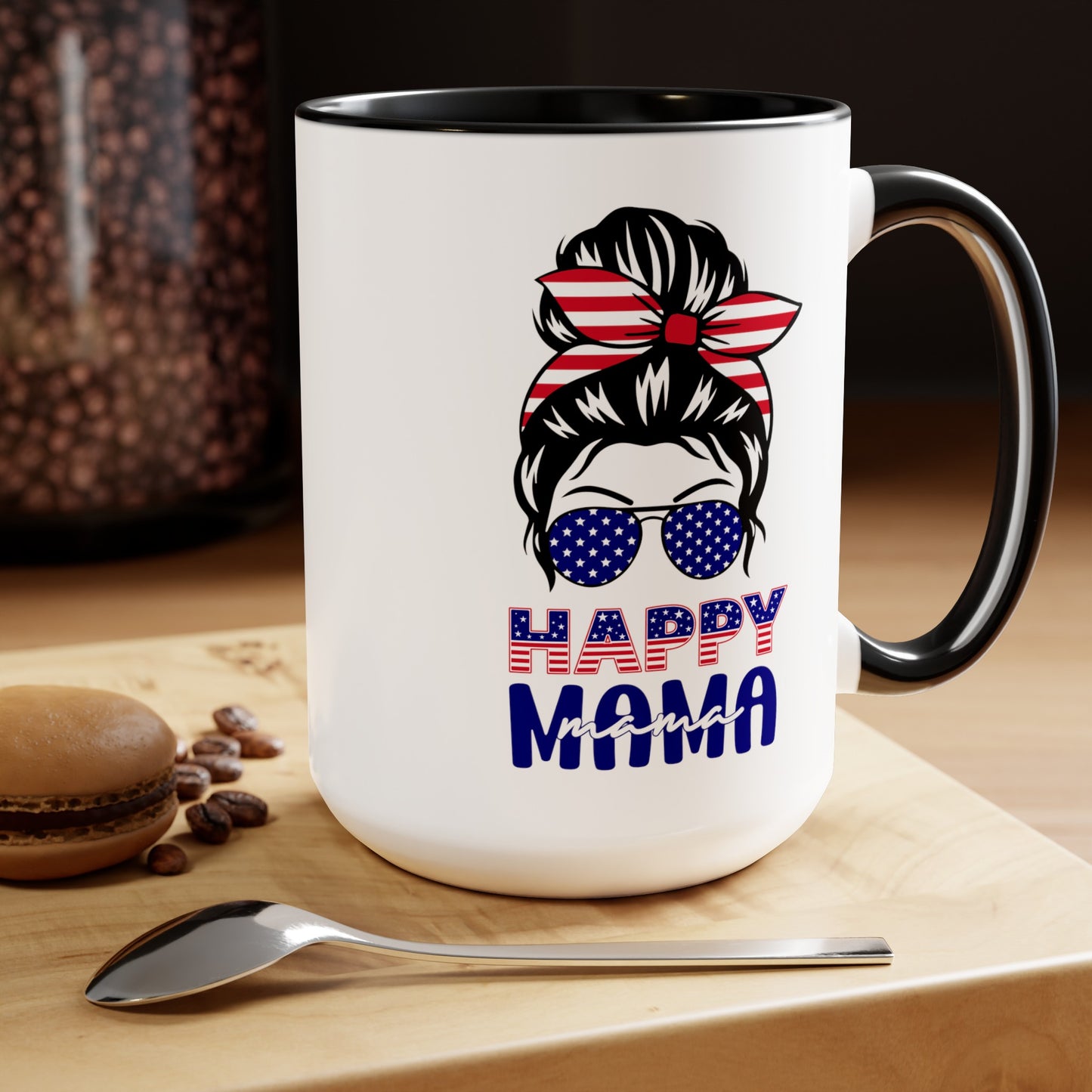Happy 4th Of July Two -Tone Coffee Mug.15oz. Happy Independence Day Coffee Mug. America, Red White Blue, Flag,Peace Love America. Happy Mama.