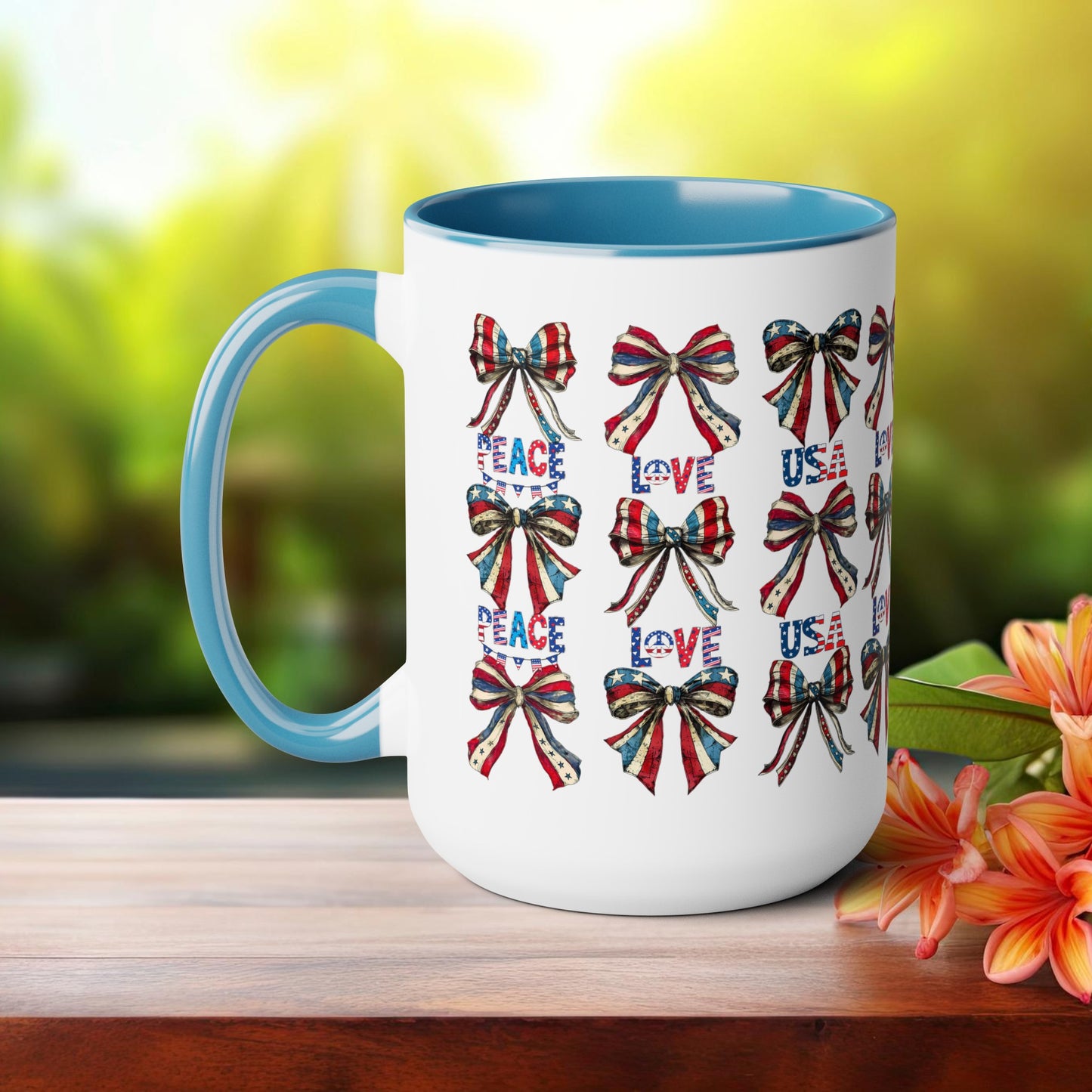 Happy 4th Of July Two -Tone Coffee Mug.15oz. Independence Day Coffee Mug. Love Peace USA.