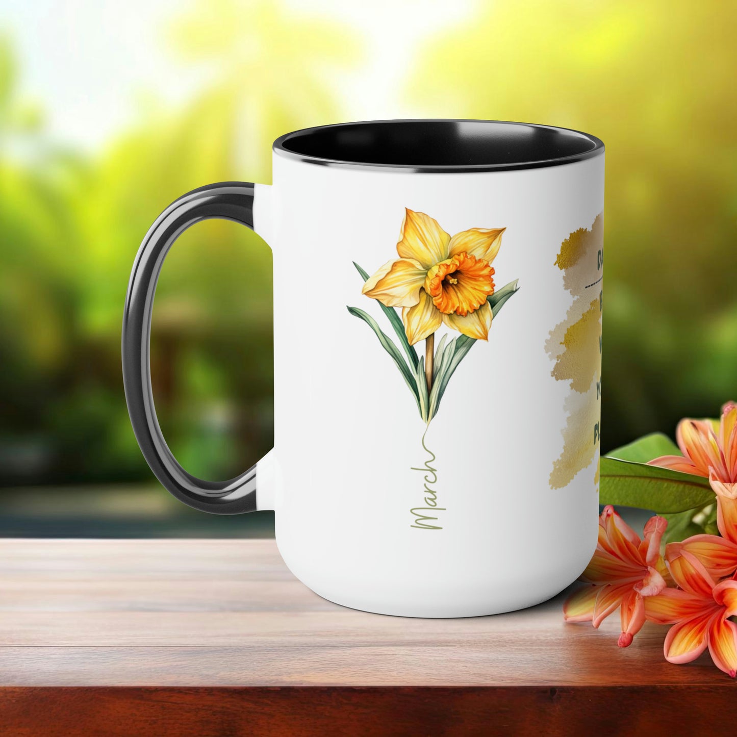 Birth Month Flower Two-Tone Coffee Mugs, 15oz, March Birth Month Flower mug.