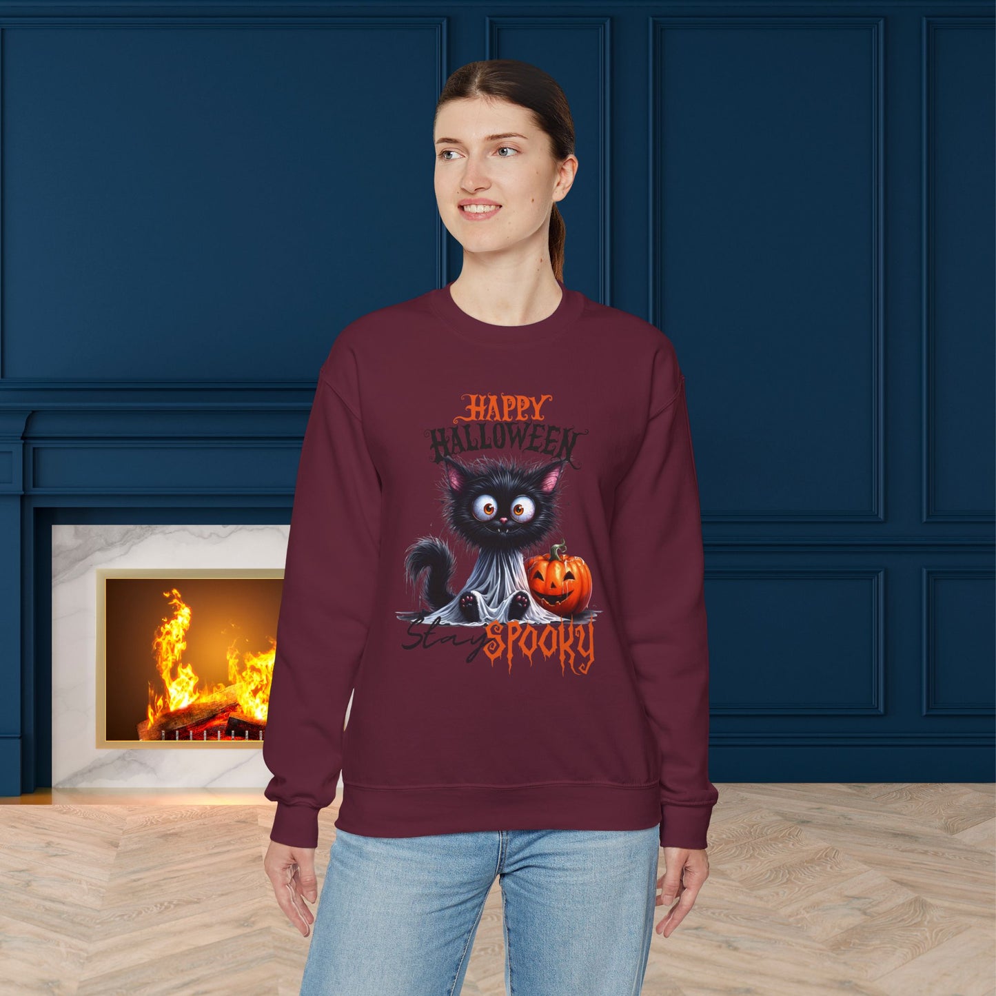 Stay spooky Halloween Sweatshirt - Unisex Heavy Blend Crewneck, halloween sweatshirt, cute spooky cat sweatshirt.